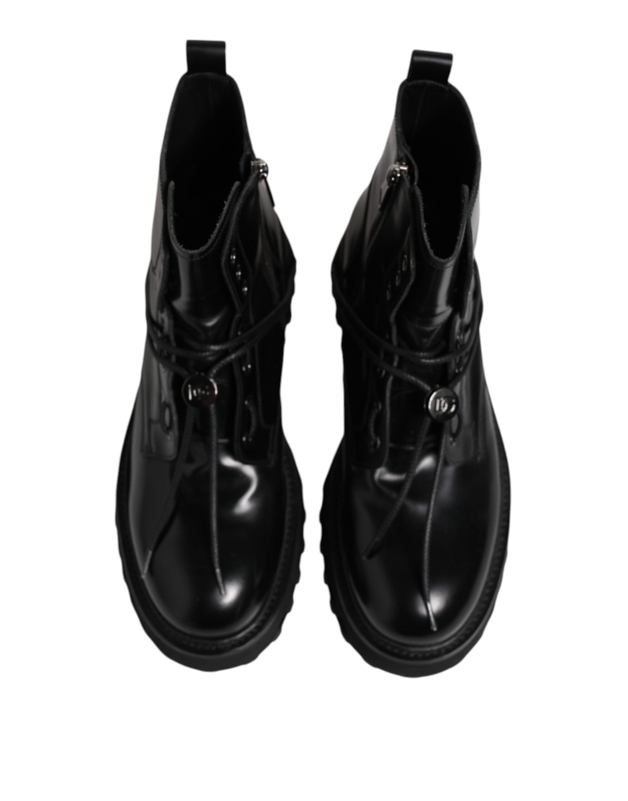 Dolce &amp; Gabbana Black Leather Logo Ankle Boots Lace Up Shoes