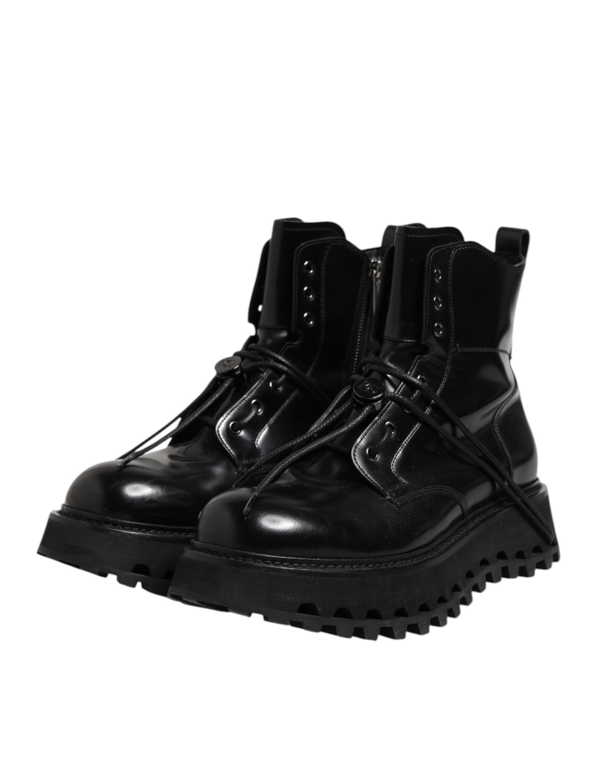 Dolce &amp; Gabbana Black Leather Logo Ankle Boots Lace Up Shoes