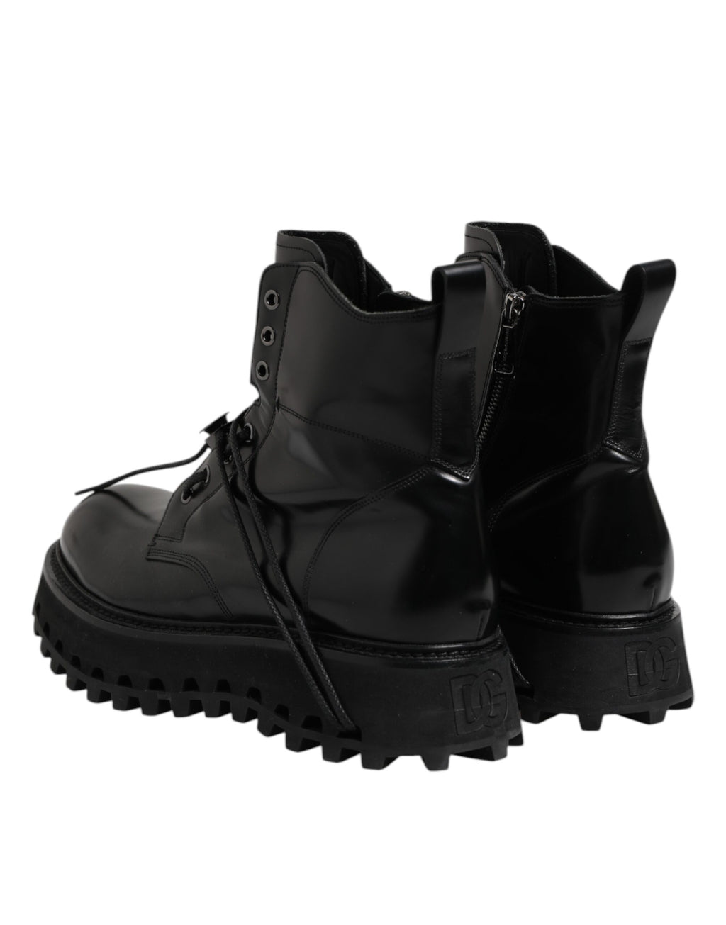 Dolce &amp; Gabbana Black Leather Logo Ankle Boots Lace Up Shoes