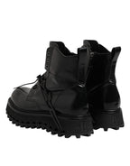 Dolce &amp; Gabbana Black Leather Logo Ankle Boots Lace Up Shoes