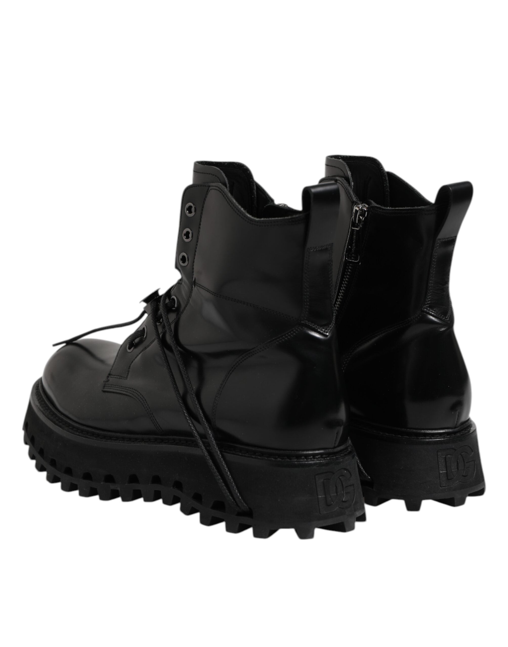 Dolce &amp; Gabbana Black Leather Logo Ankle Boots Lace Up Shoes
