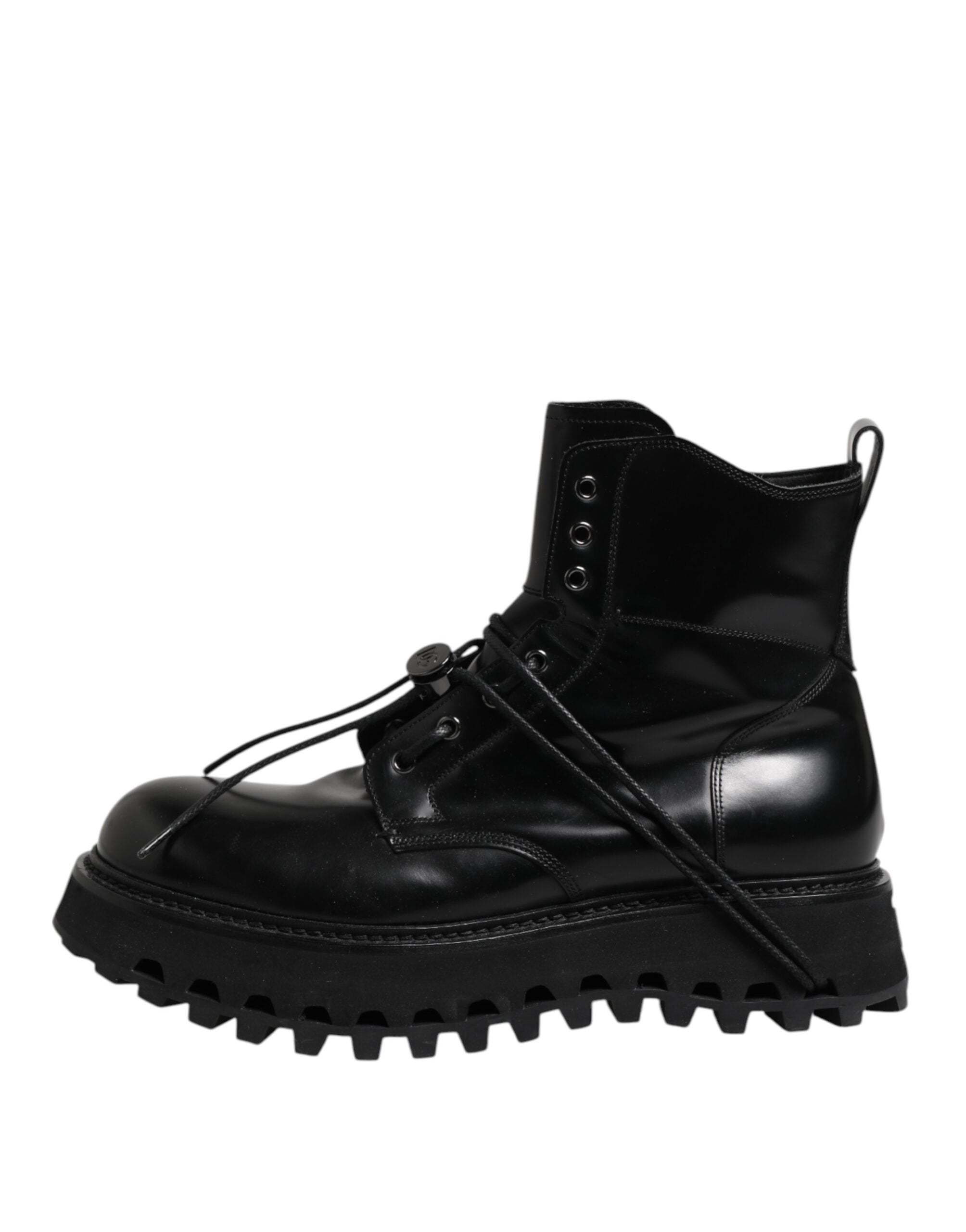 Dolce &amp; Gabbana Black Leather Logo Ankle Boots Lace Up Shoes