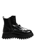 Dolce &amp; Gabbana Black Leather Logo Ankle Boots Lace Up Shoes