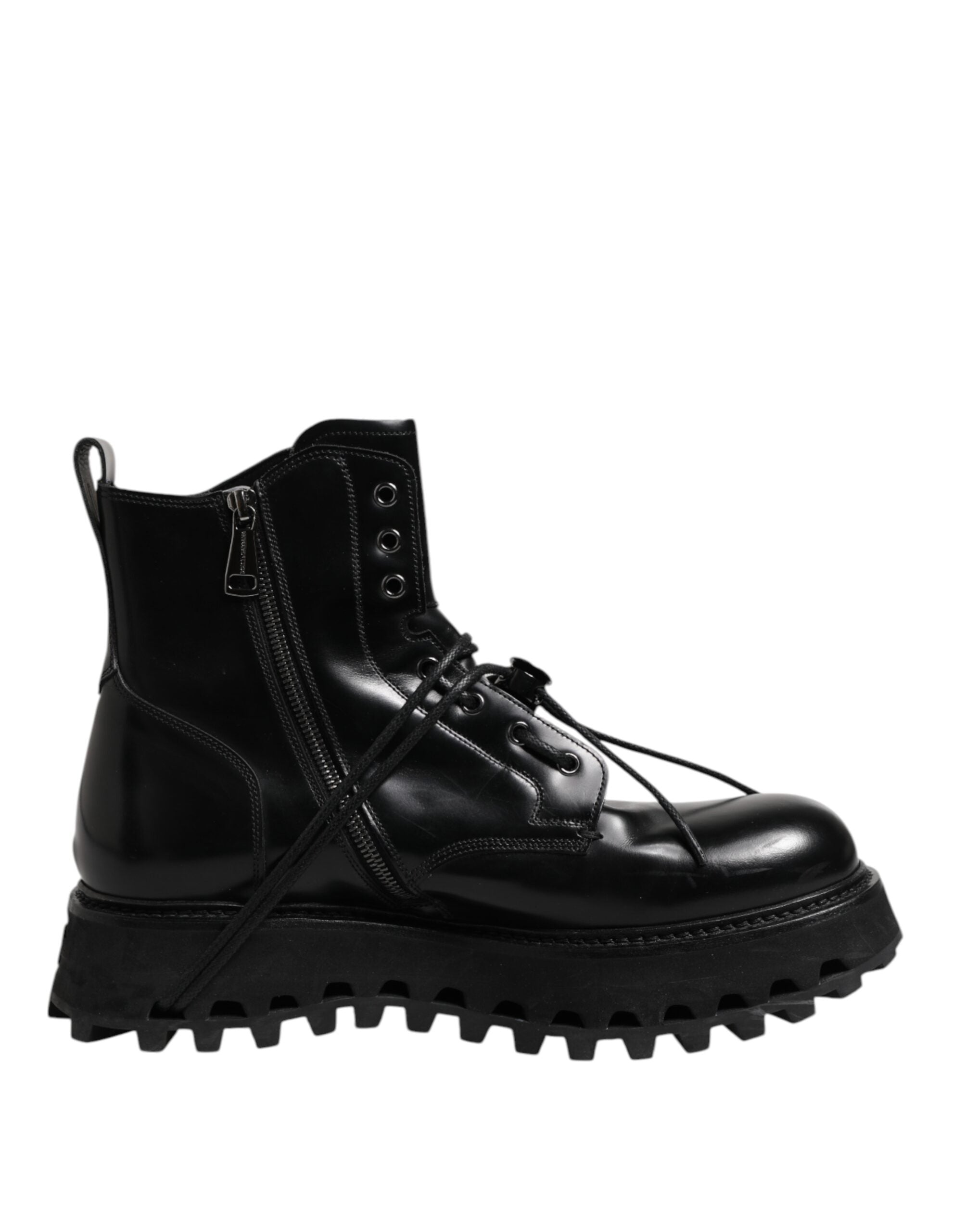 Dolce &amp; Gabbana Black Leather Logo Ankle Boots Lace Up Shoes