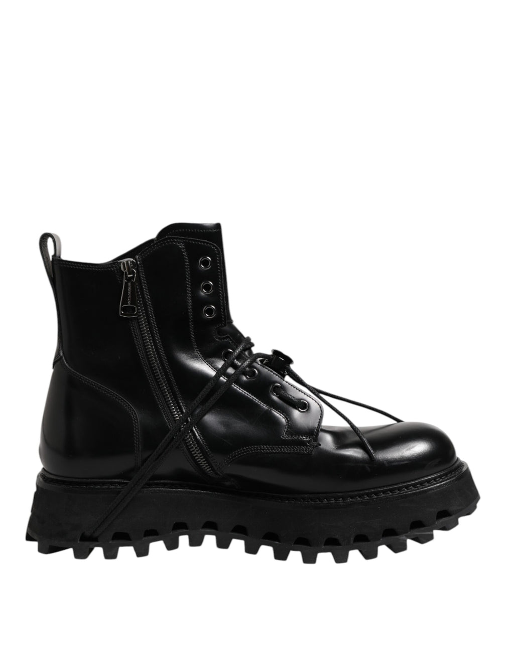 Dolce &amp; Gabbana Black Leather Logo Ankle Boots Lace Up Shoes