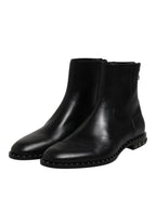 Dolce &amp; Gabbana Black Leather Logo Ankle Boots Studded Shoes