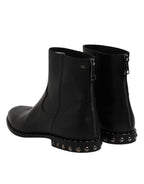 Dolce &amp; Gabbana Black Leather Logo Ankle Boots Studded Shoes