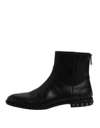 Dolce &amp; Gabbana Black Leather Logo Ankle Boots Studded Shoes