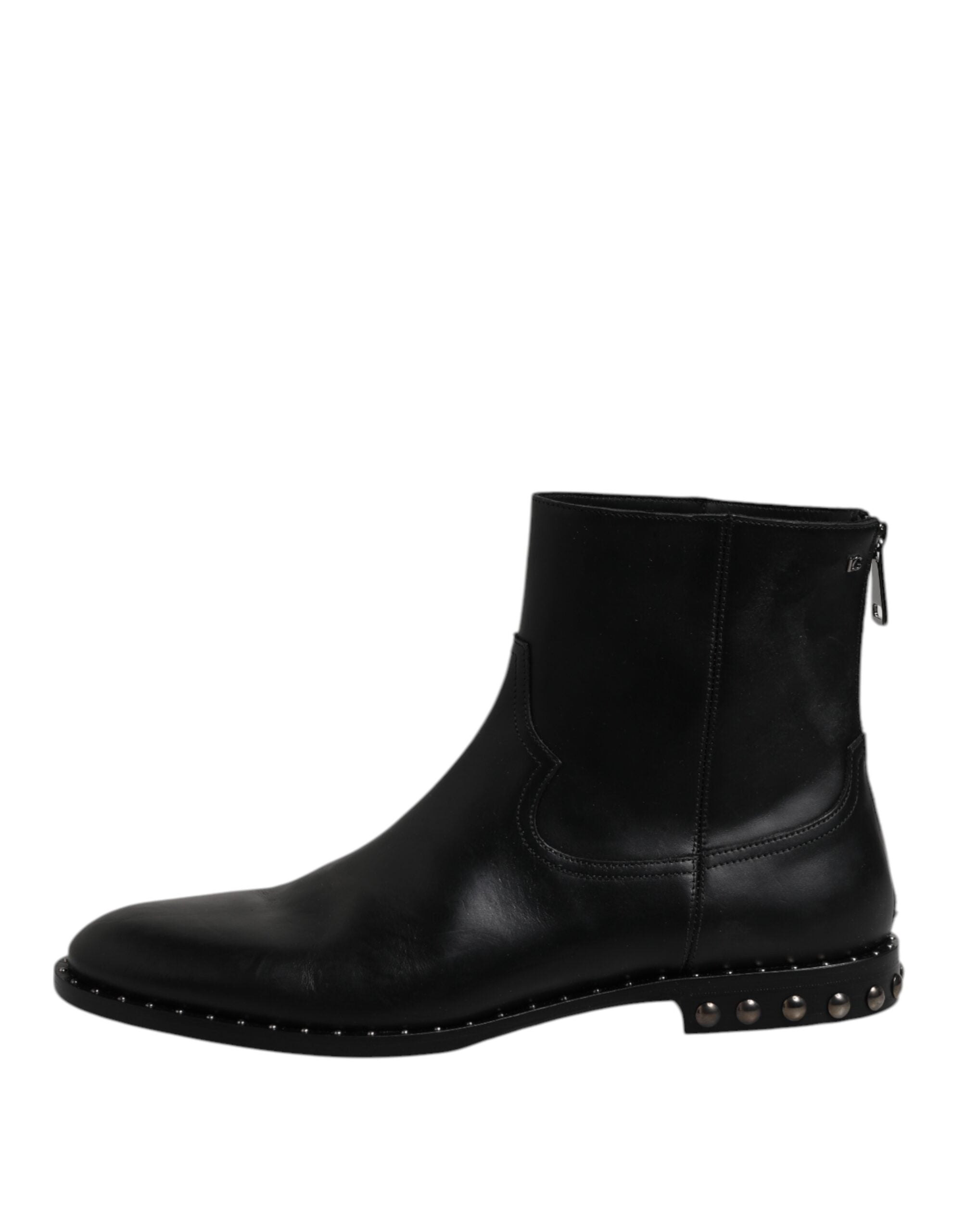 Dolce &amp; Gabbana Black Leather Logo Ankle Boots Studded Shoes