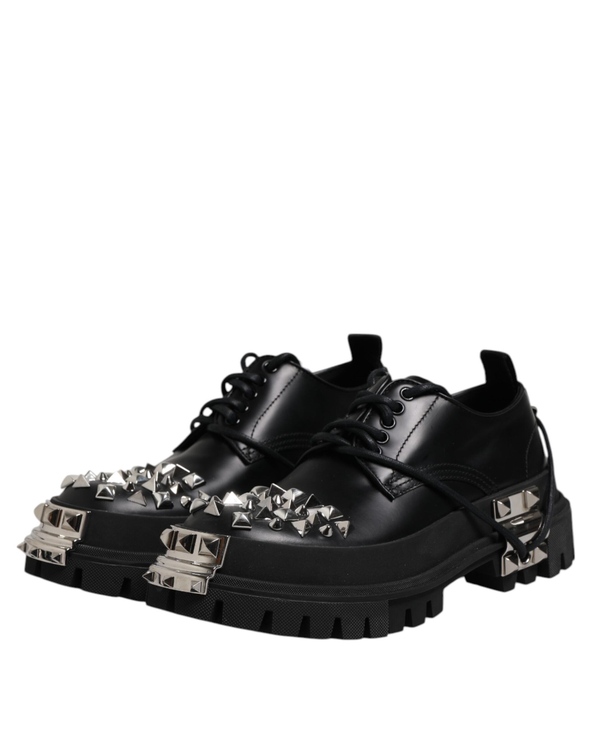Dolce &amp; Gabbana Black Leather Embellished Trekking Derby Shoes