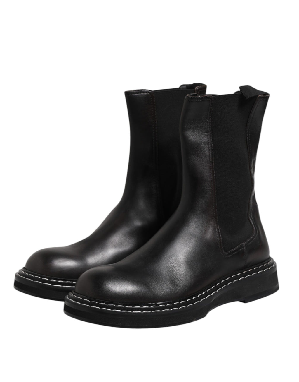 Dolce &amp; Gabbana Black Leather Mid Calf Boots Flats Shoes