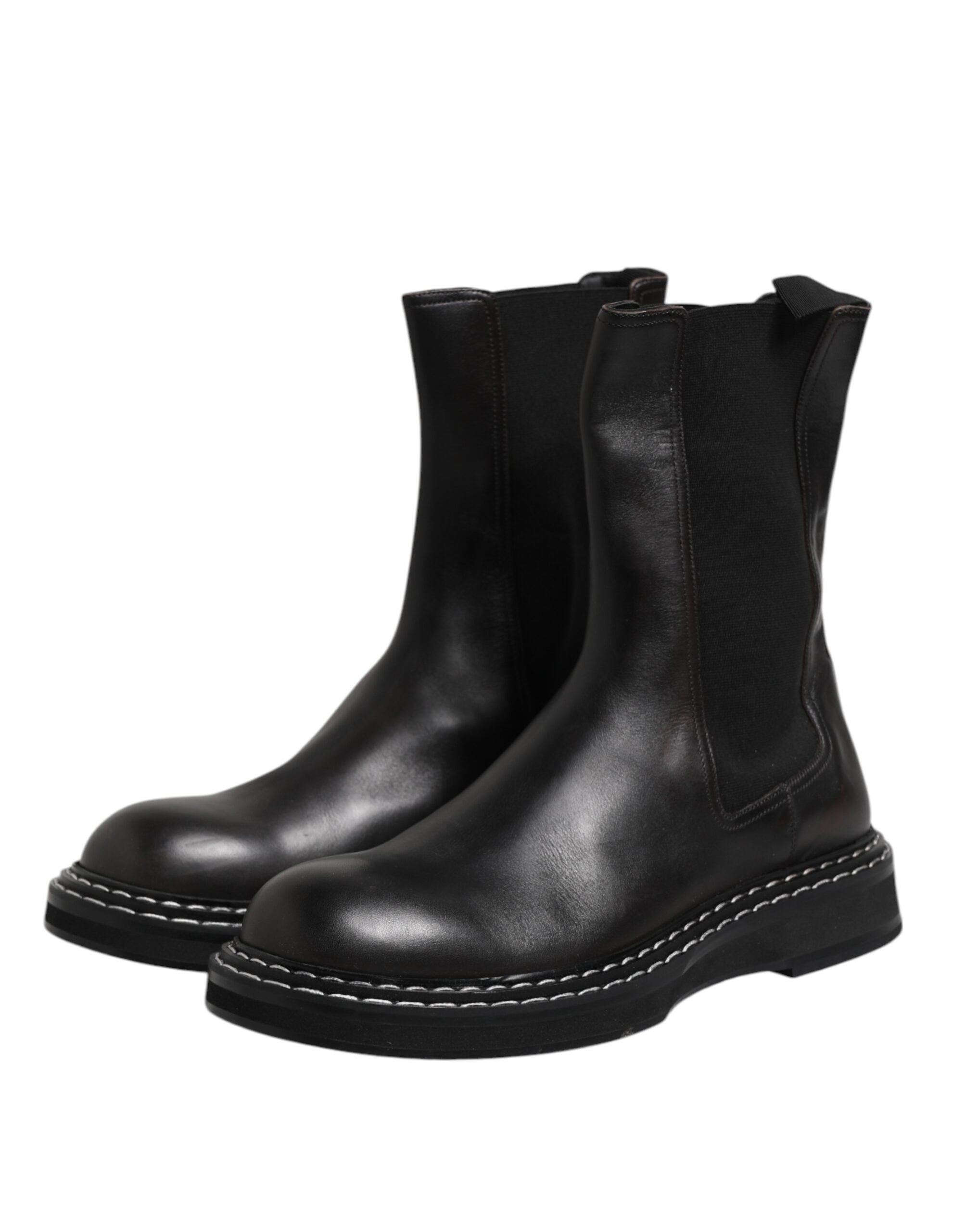 Dolce &amp; Gabbana Black Leather Mid Calf Boots Flats Shoes