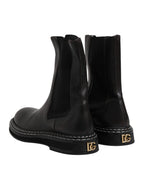 Dolce &amp; Gabbana Black Leather Mid Calf Boots Flats Shoes