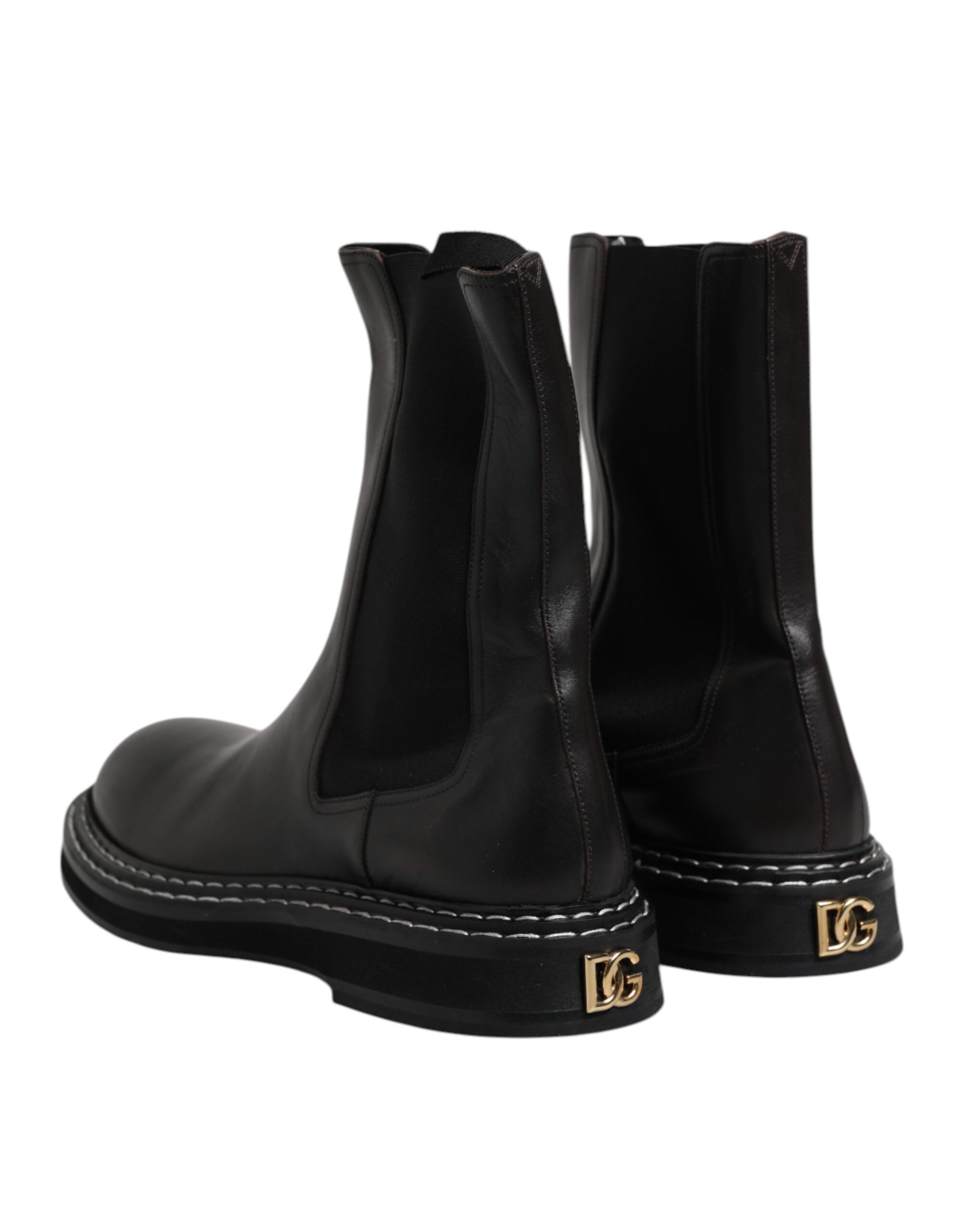 Dolce &amp; Gabbana Black Leather Mid Calf Boots Flats Shoes