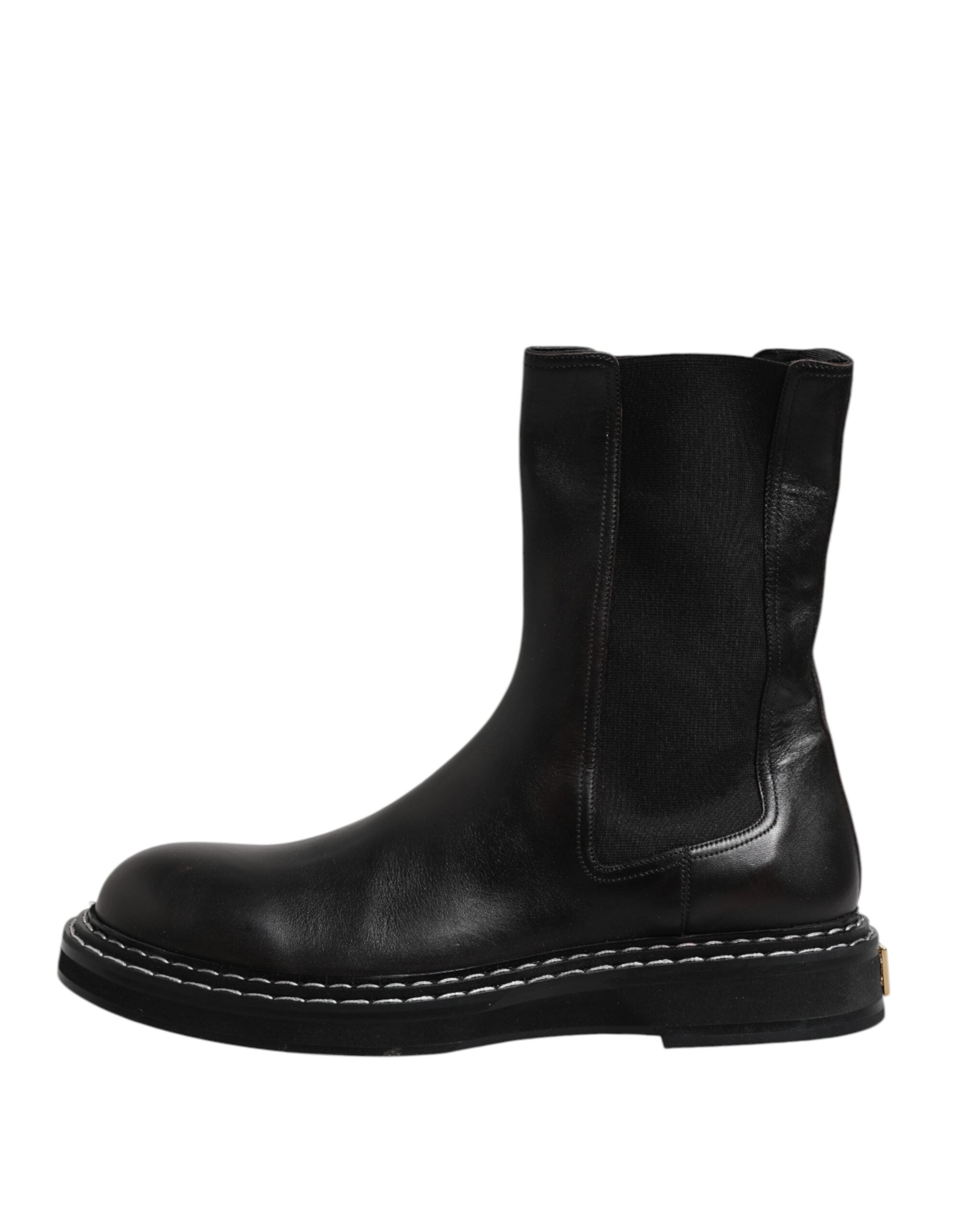 Dolce &amp; Gabbana Black Leather Mid Calf Boots Flats Shoes