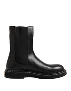 Dolce &amp; Gabbana Black Leather Mid Calf Boots Flats Shoes