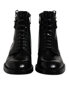 Dolce &amp; Gabbana Black Leather Mid Calf Boots Lace Up Shoes