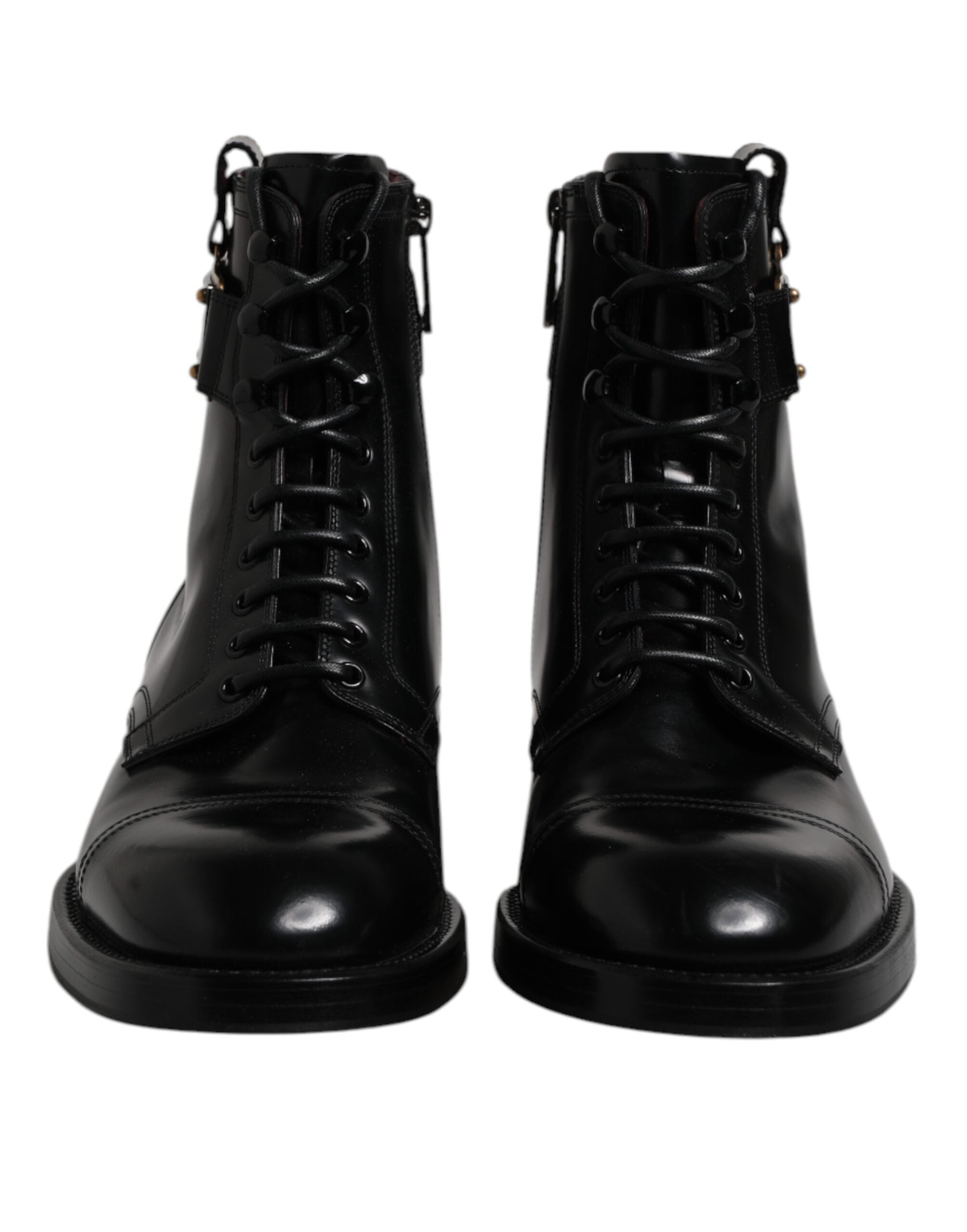 Dolce &amp; Gabbana Black Leather Mid Calf Boots Lace Up Shoes
