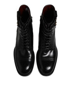Dolce &amp; Gabbana Black Leather Mid Calf Boots Lace Up Shoes