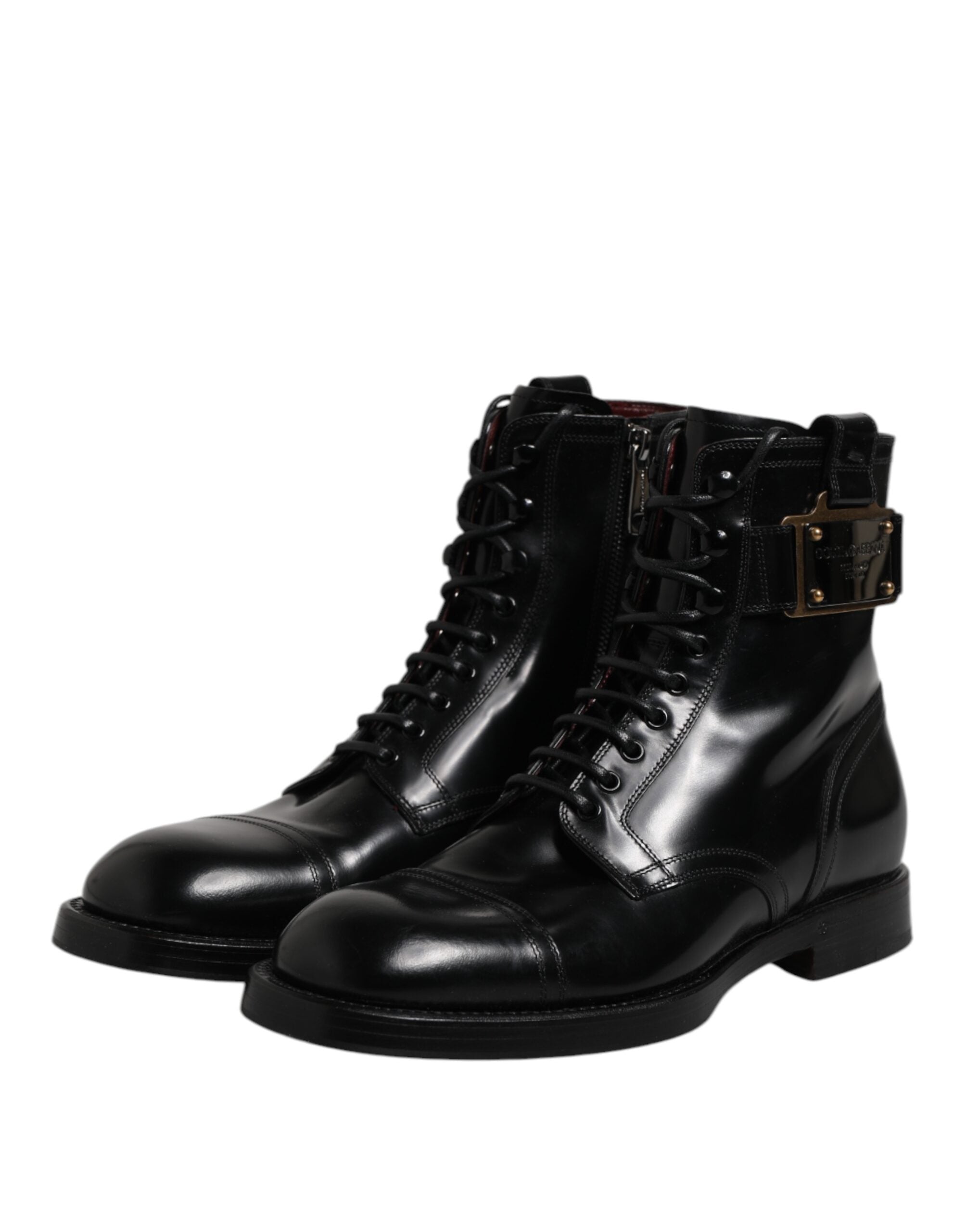 Dolce &amp; Gabbana Black Leather Mid Calf Boots Lace Up Shoes