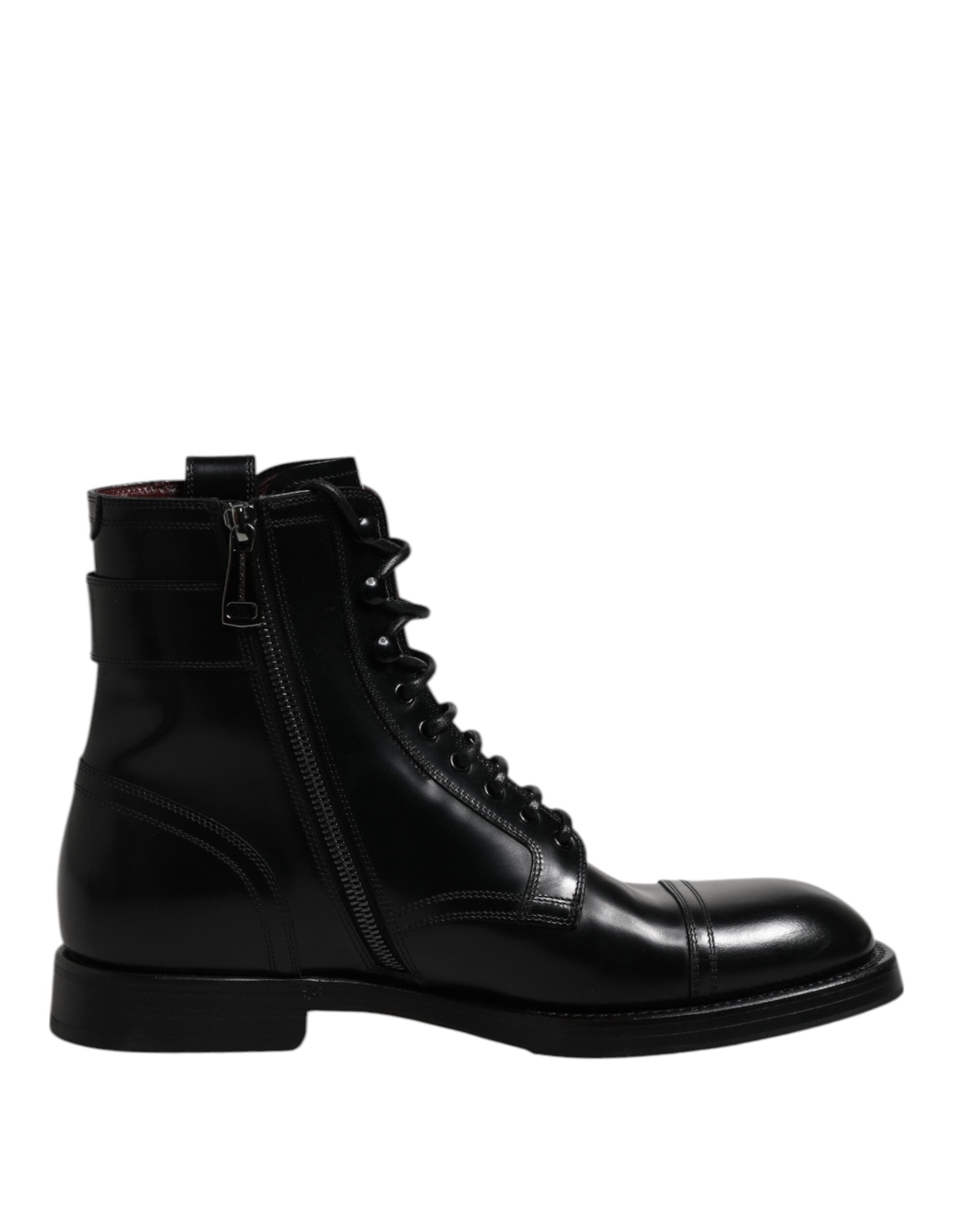 Dolce &amp; Gabbana Black Leather Mid Calf Boots Lace Up Shoes
