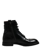 Dolce &amp; Gabbana Black Leather Mid Calf Boots Lace Up Shoes