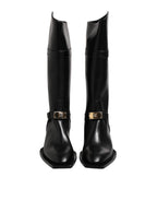 Dolce &amp; Gabbana Black Leather High Boots Flats Shoes