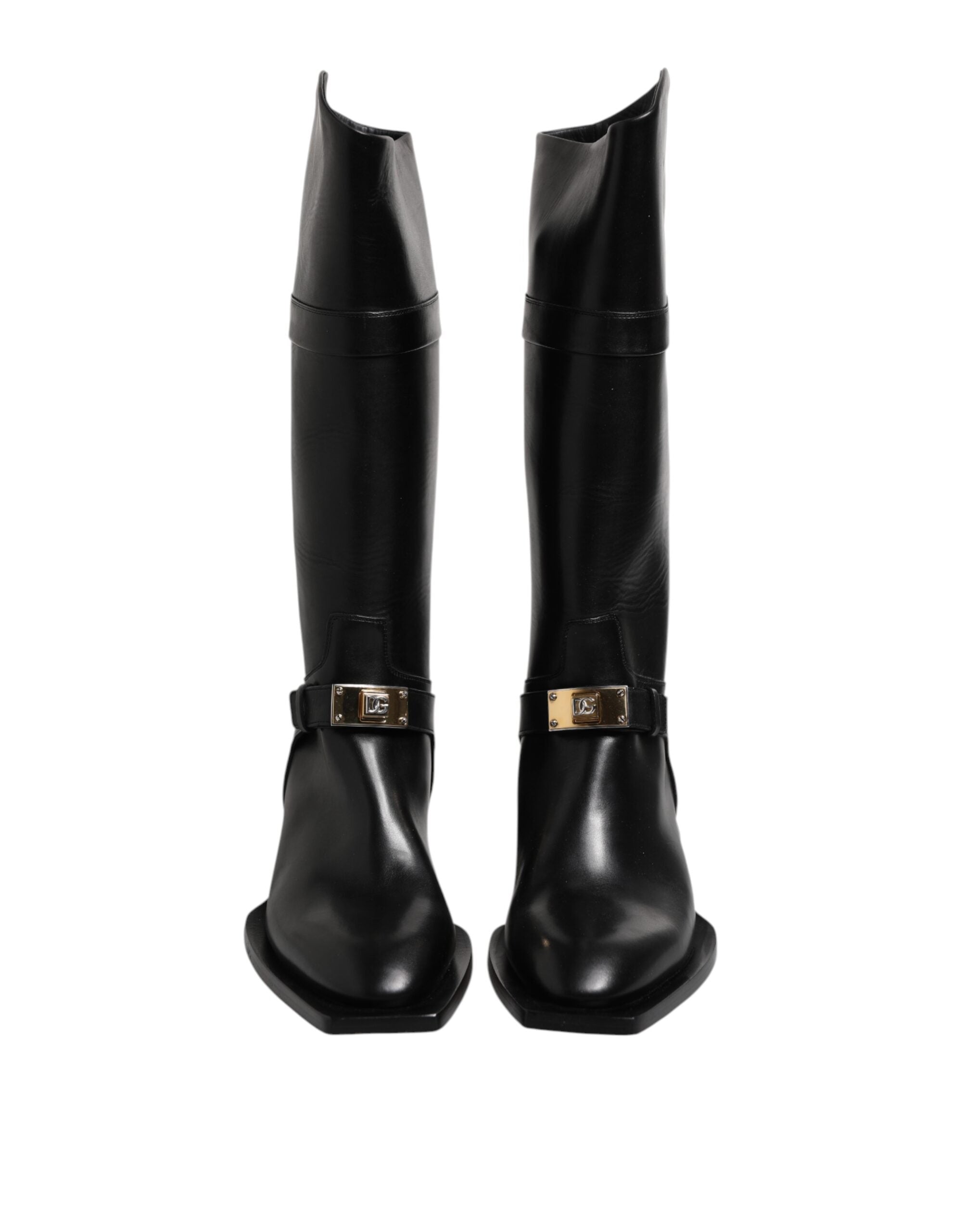 Dolce &amp; Gabbana Black Leather High Boots Flats Shoes