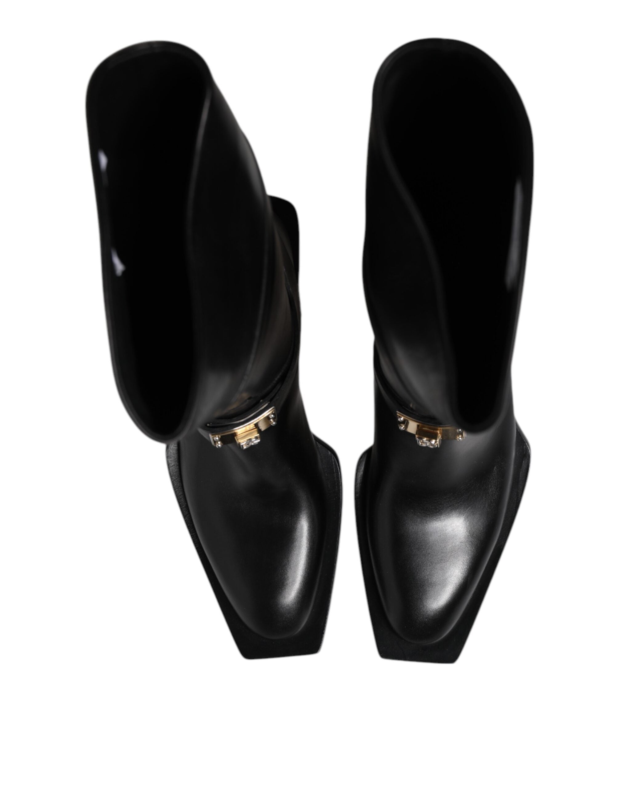 Dolce &amp; Gabbana Black Leather High Boots Flats Shoes