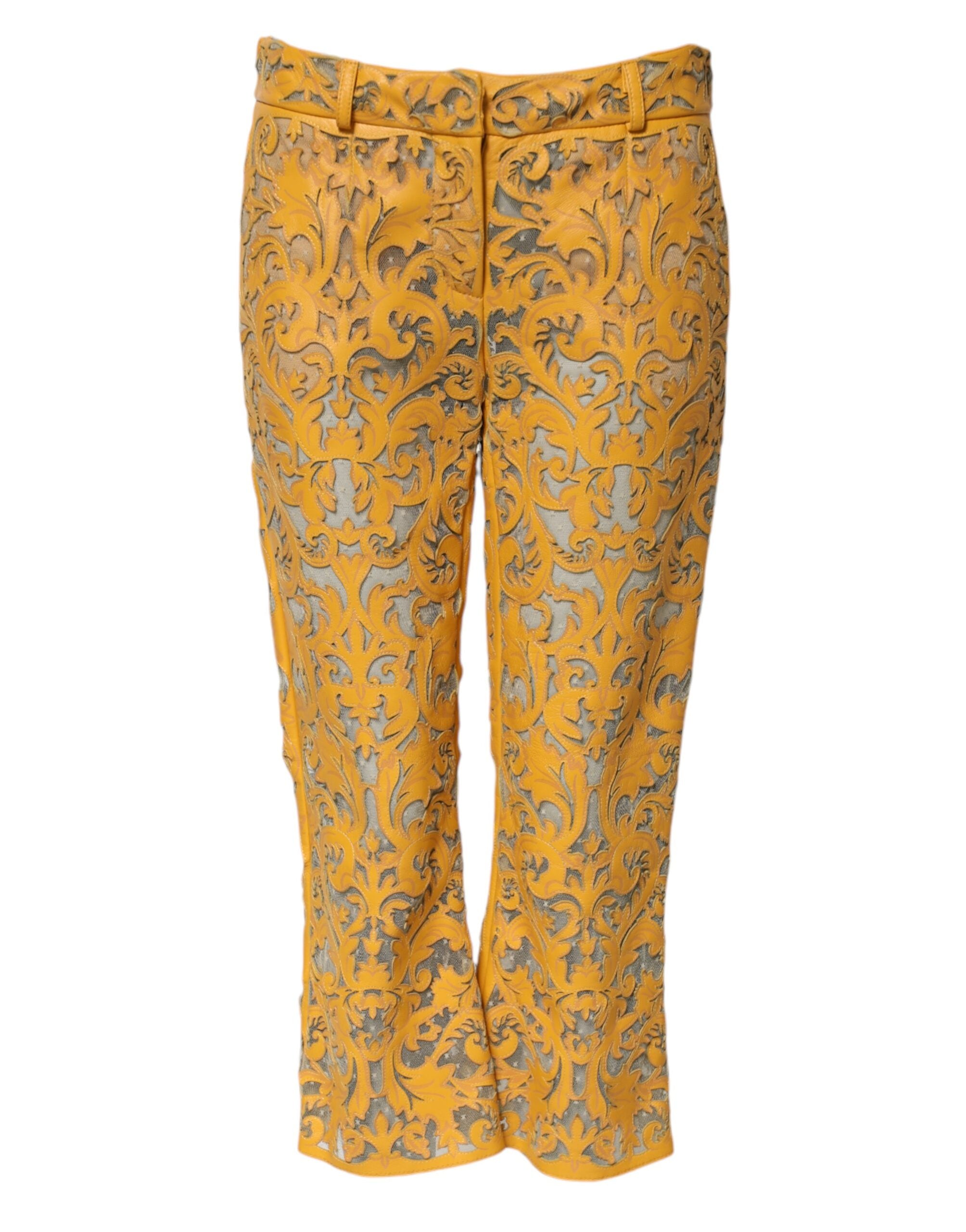 Dolce &amp; Gabbana Yellow Floral Lace Mid Waist Capri Pants