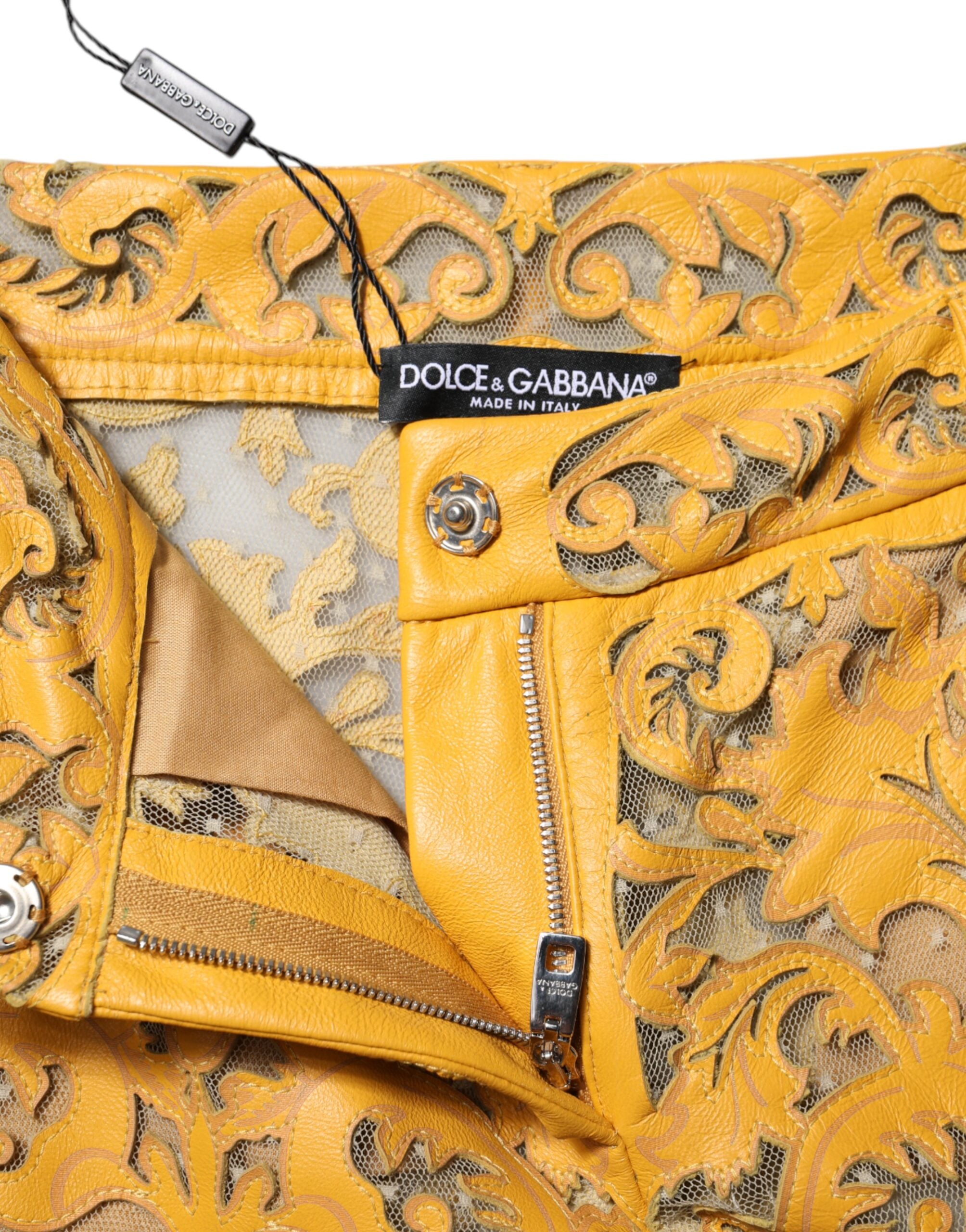 Dolce &amp; Gabbana Yellow Floral Lace Mid Waist Capri Pants
