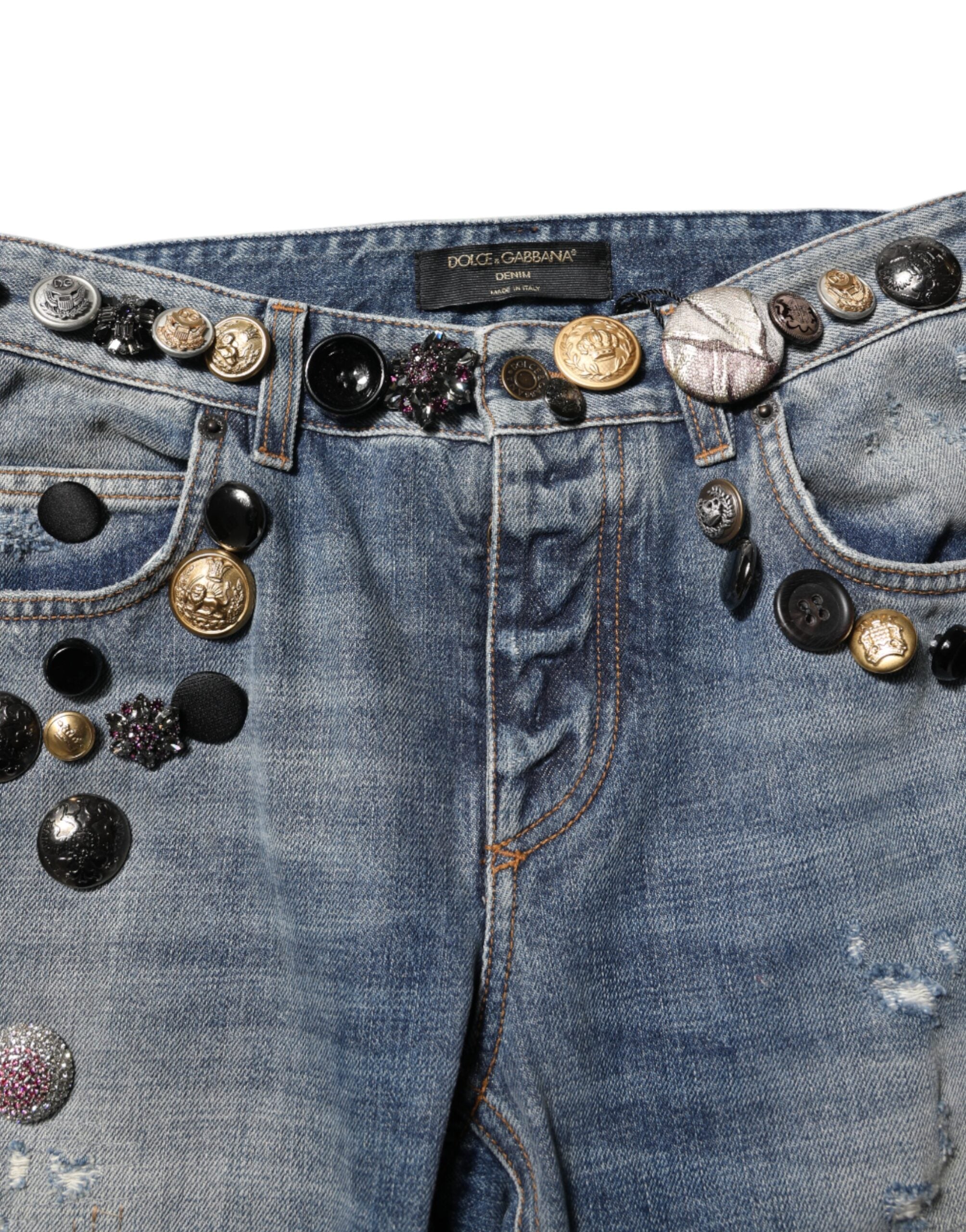 Dolce &amp; Gabbana Blue Embellished Tattered SkinnyDenim Jeans 