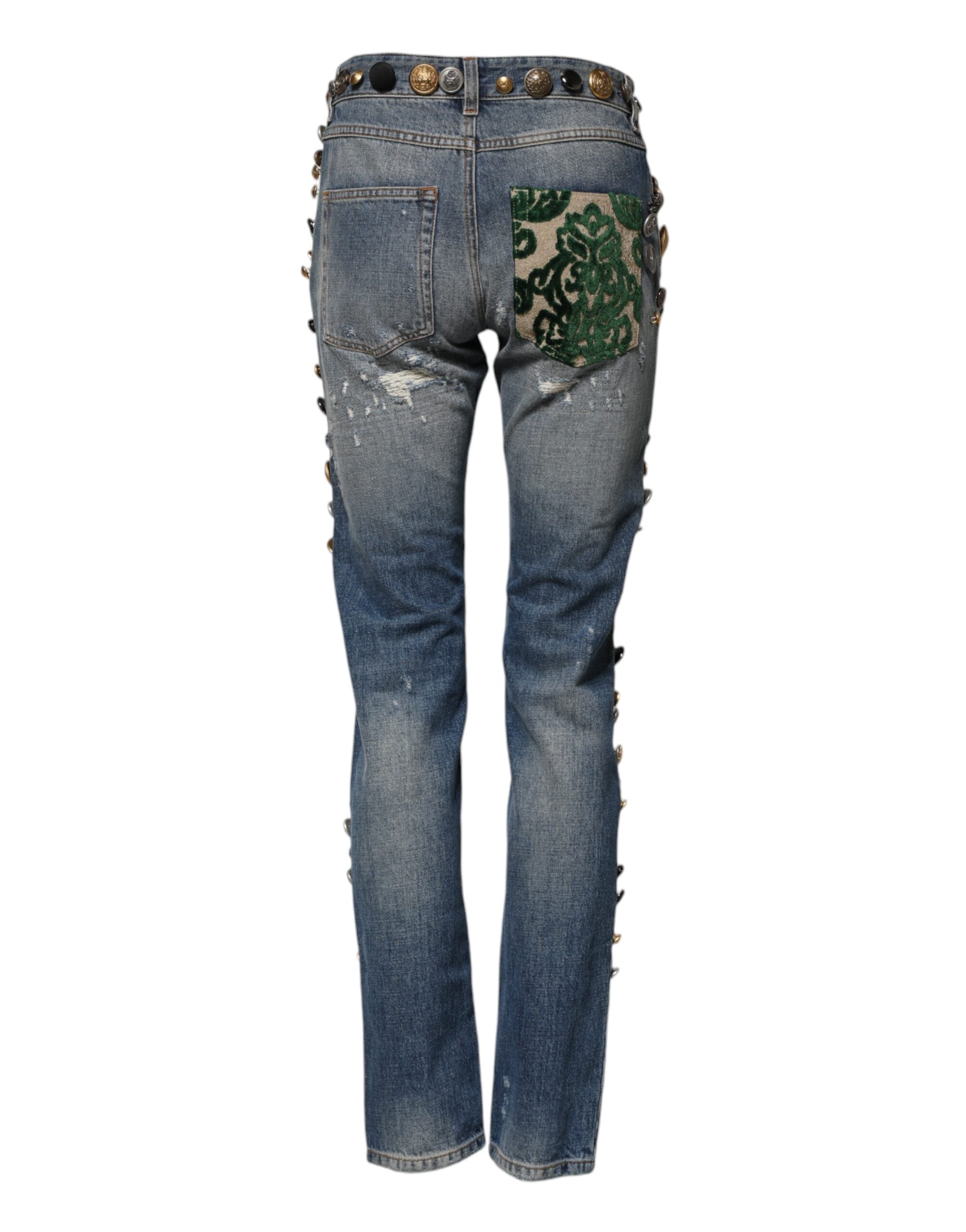 Dolce &amp; Gabbana Blue Embellished Tattered SkinnyDenim Jeans 