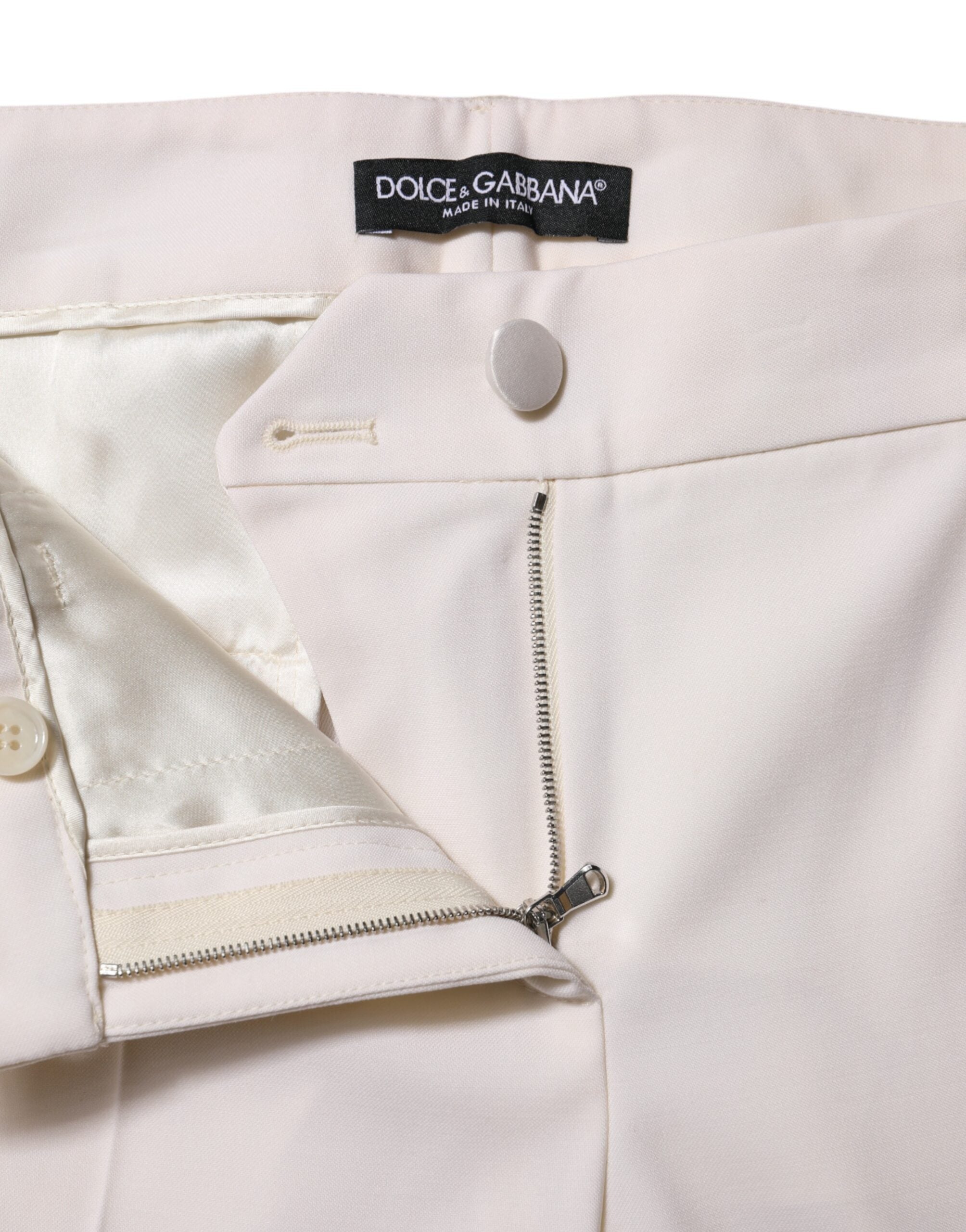 Dolce &amp; Gabbana White Wool Mid Waist Tapered Trouser Pants 