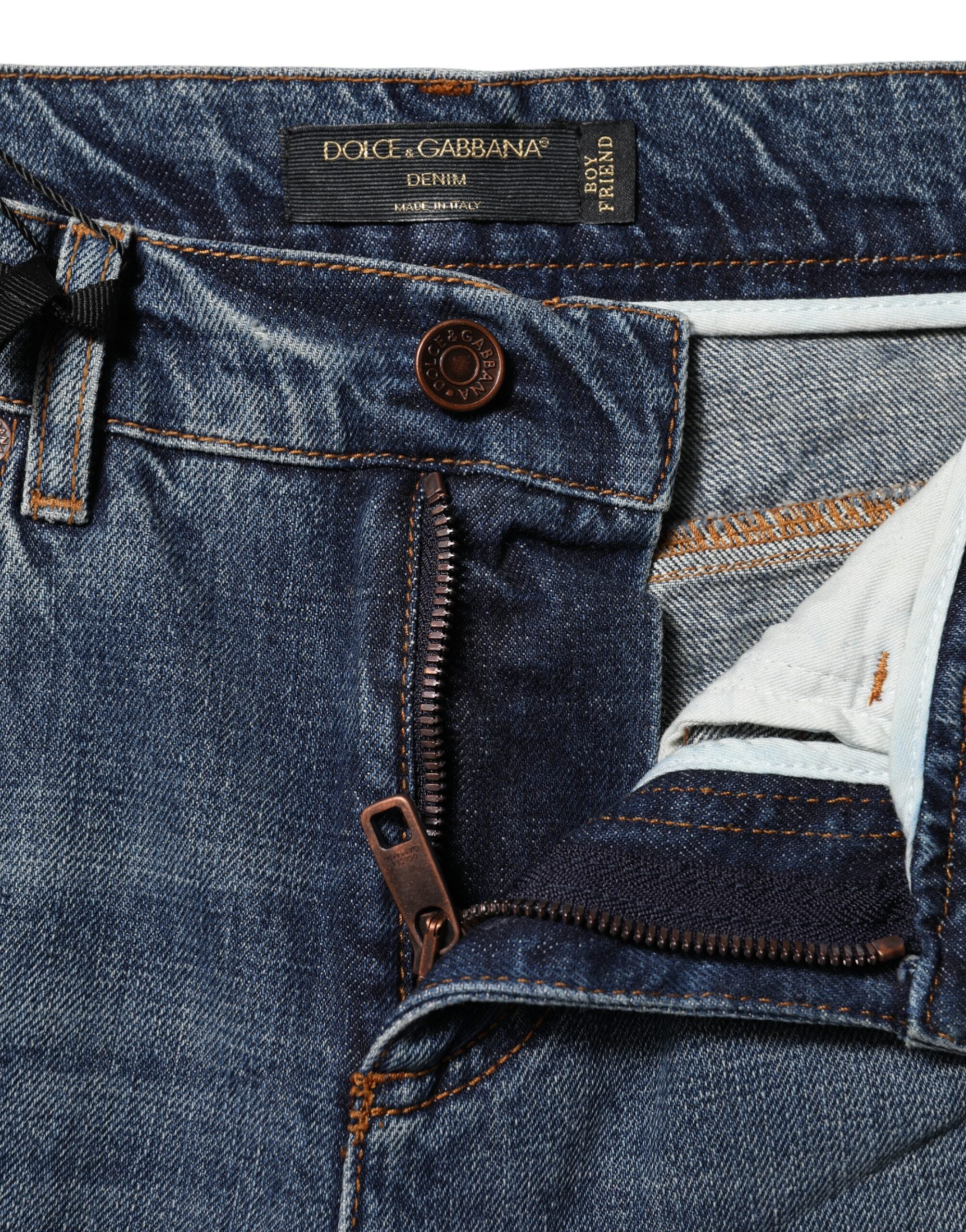 Dolce &amp; Gabbana Blue Cotton Tattered Mid Waist Denim Jeans 