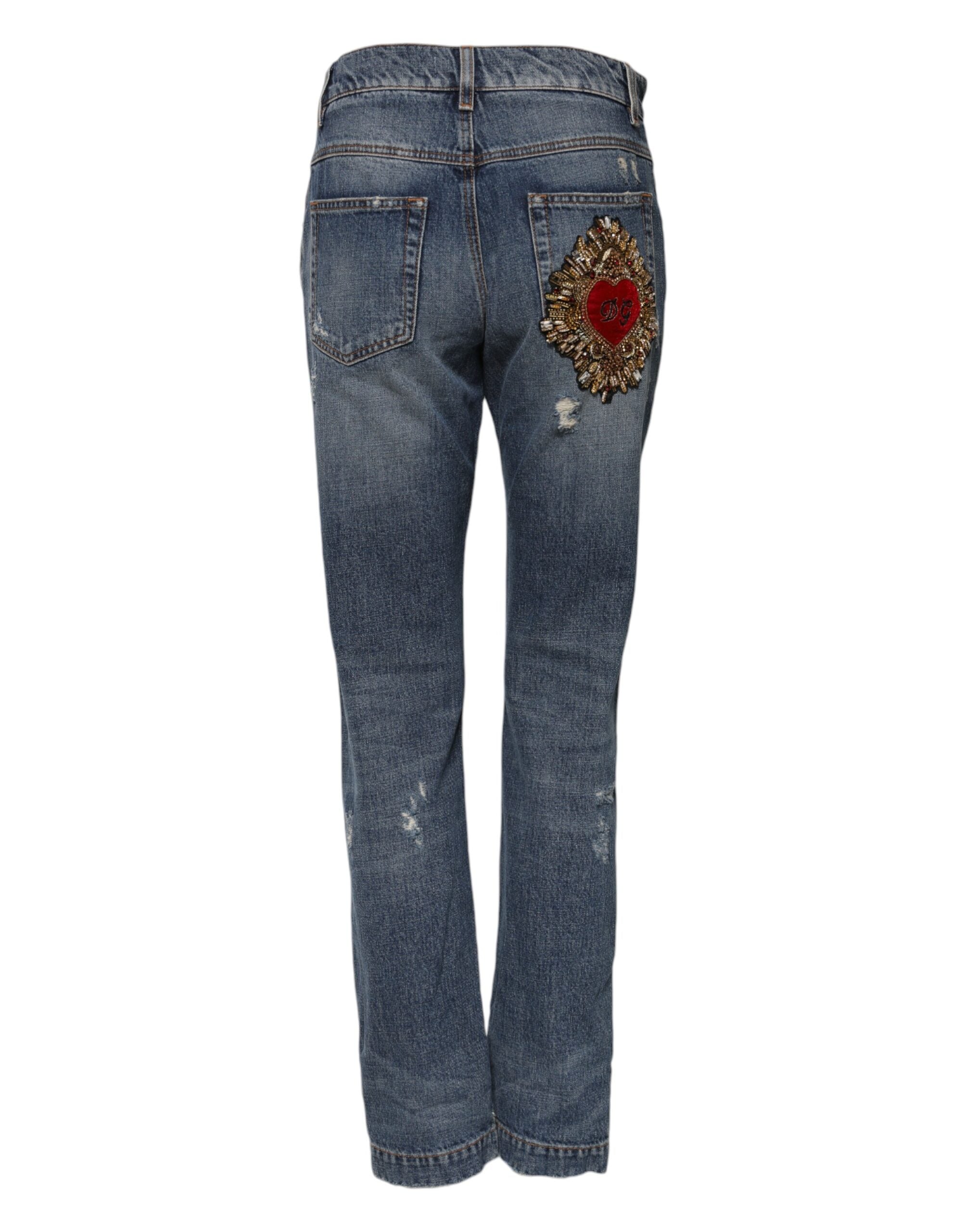 Dolce &amp; Gabbana Blue Cotton Tattered Mid Waist Denim Jeans 