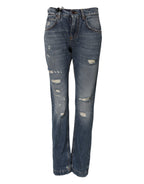 Dolce &amp; Gabbana Blue Cotton Tattered Mid Waist Denim Jeans 