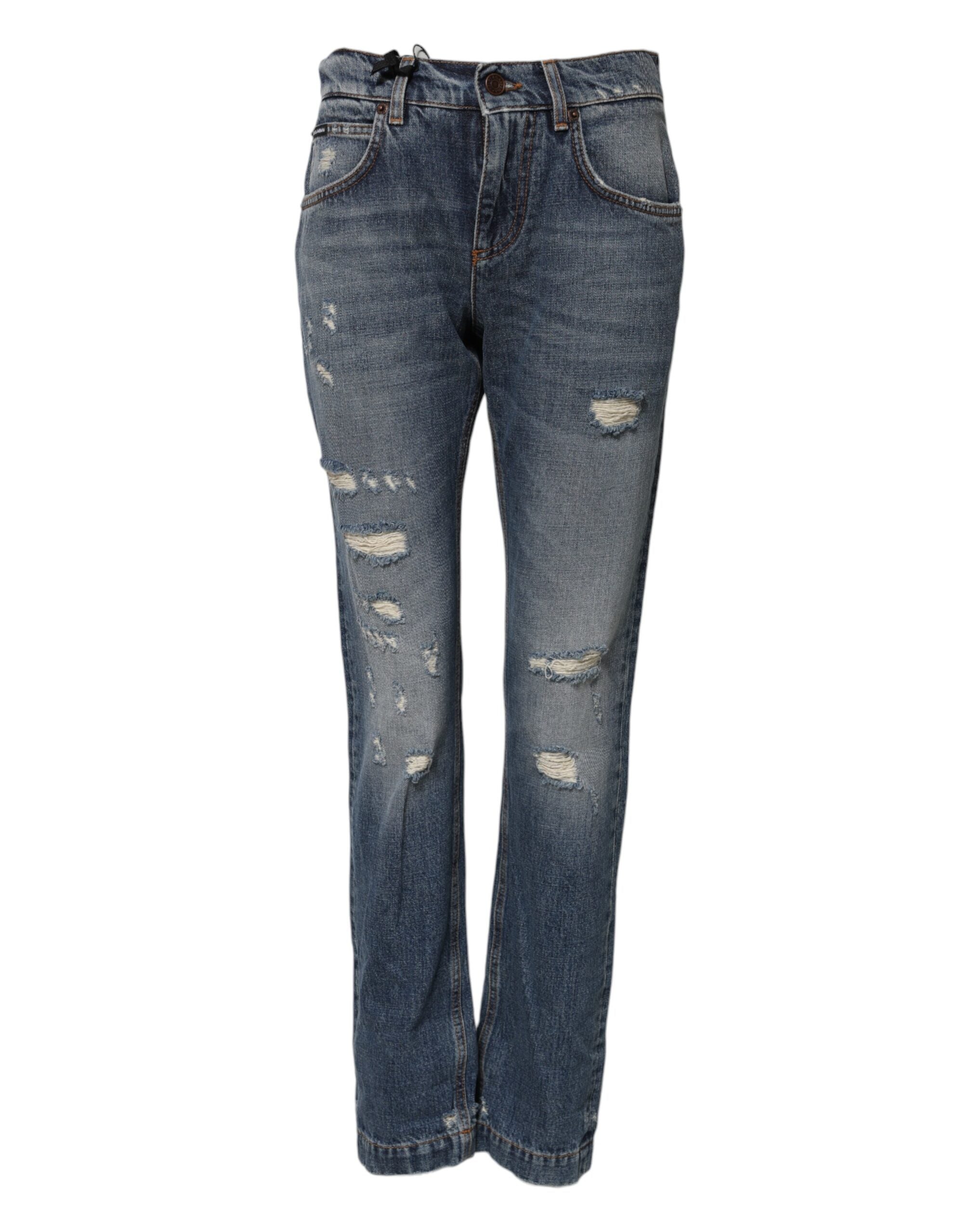 Dolce &amp; Gabbana Blue Cotton Tattered Mid Waist Denim Jeans 