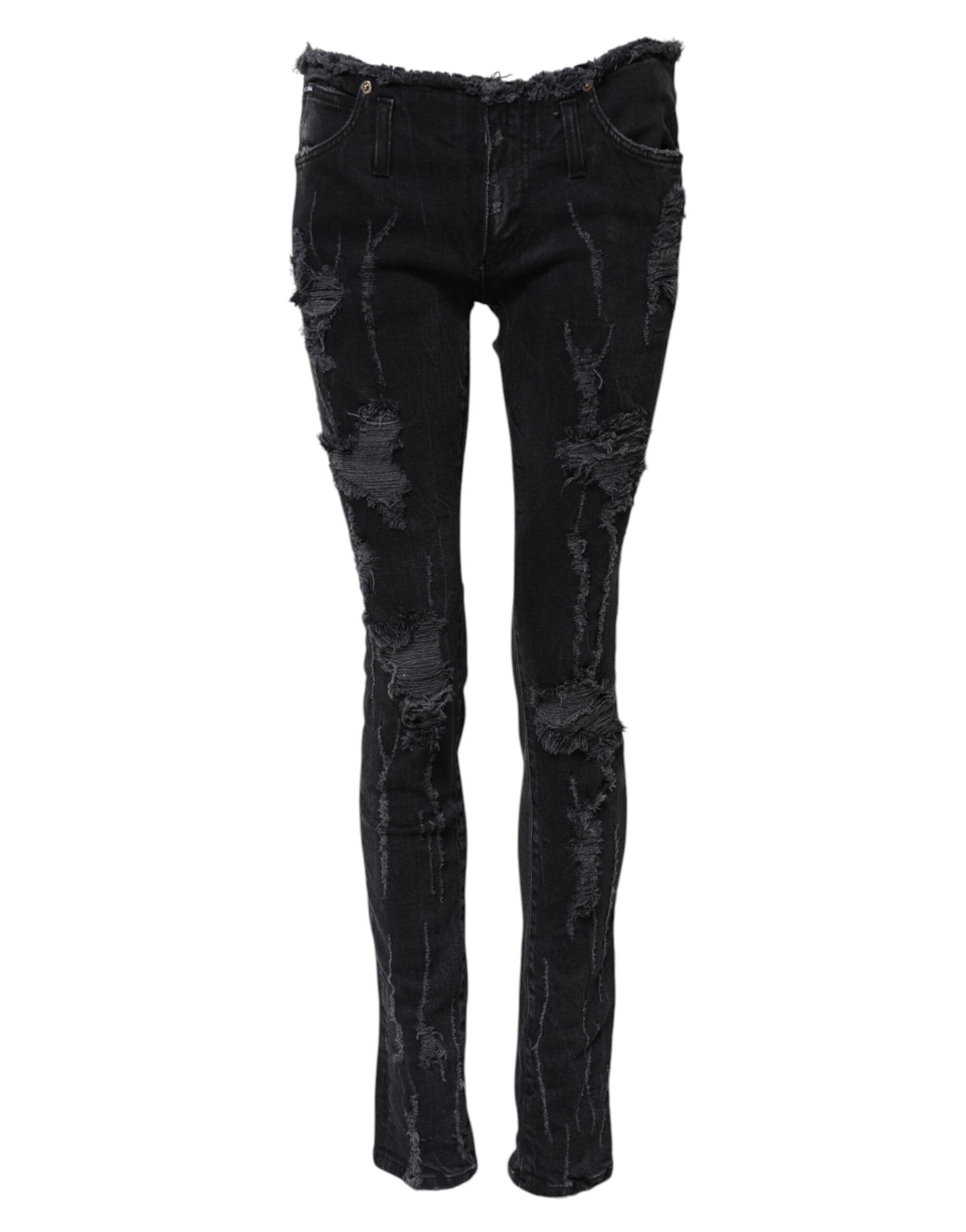 Dolce &amp; Gabbana Black Cotton Tattered Skinny Denim Jeans 