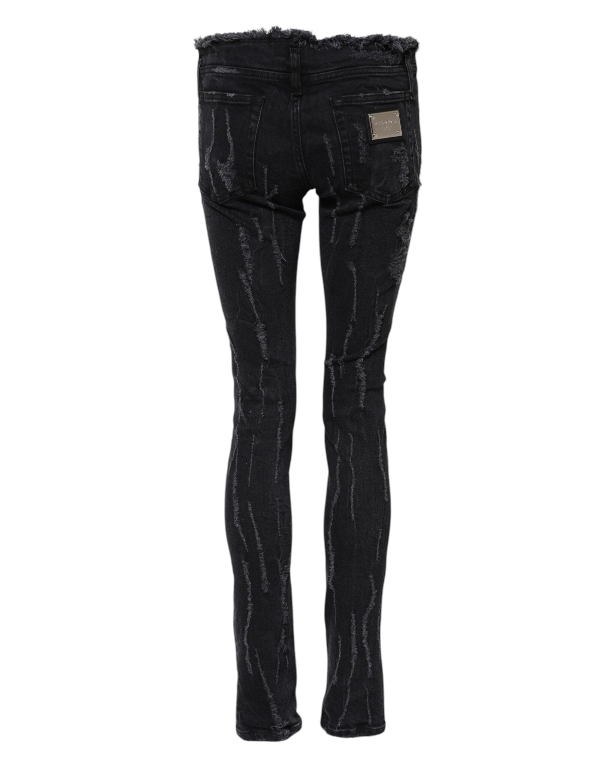 Dolce &amp; Gabbana Black Cotton Tattered Skinny Denim Jeans 