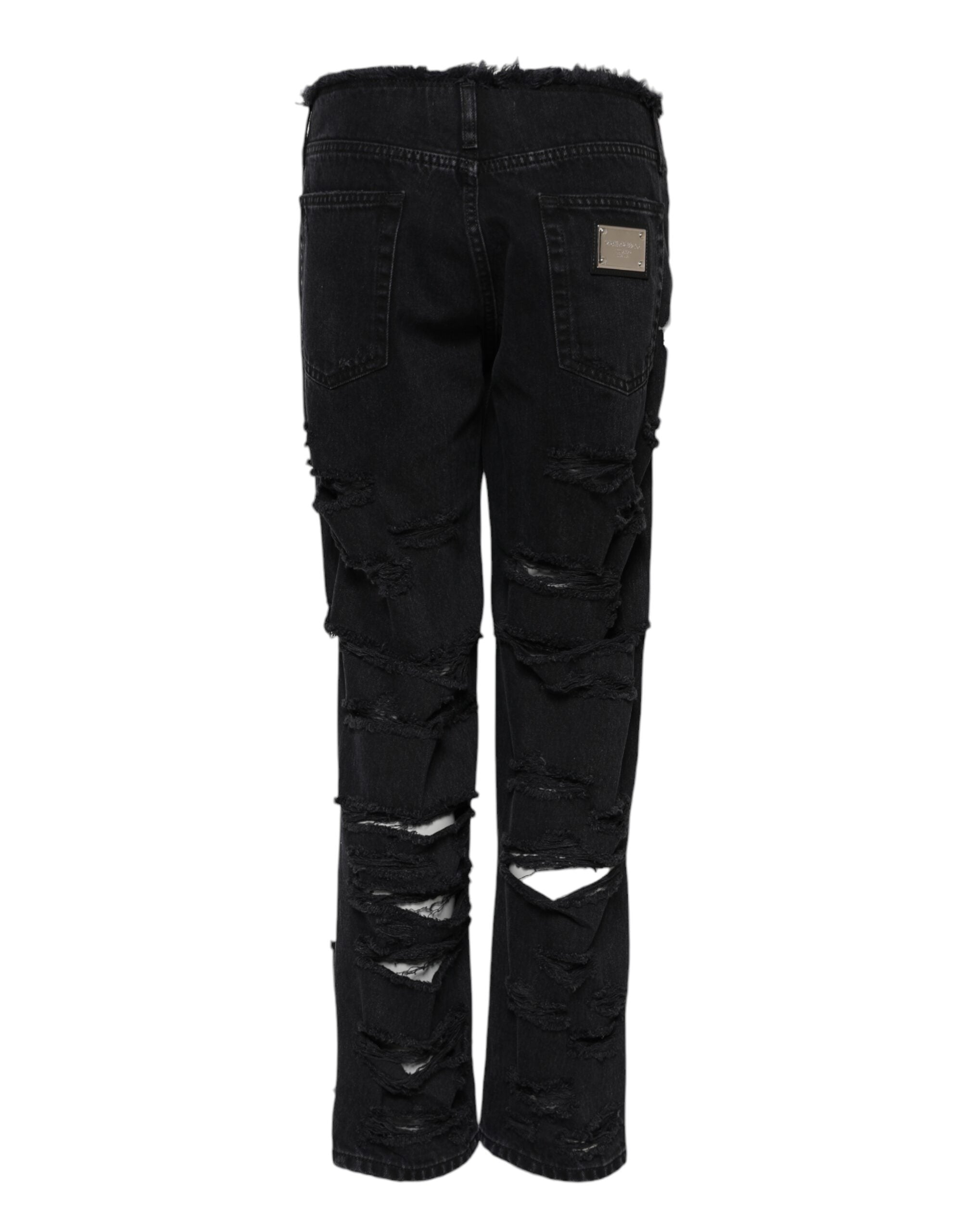 Dolce &amp; Gabbana Black Cotton Tattered Mid Waist Denim Jeans 