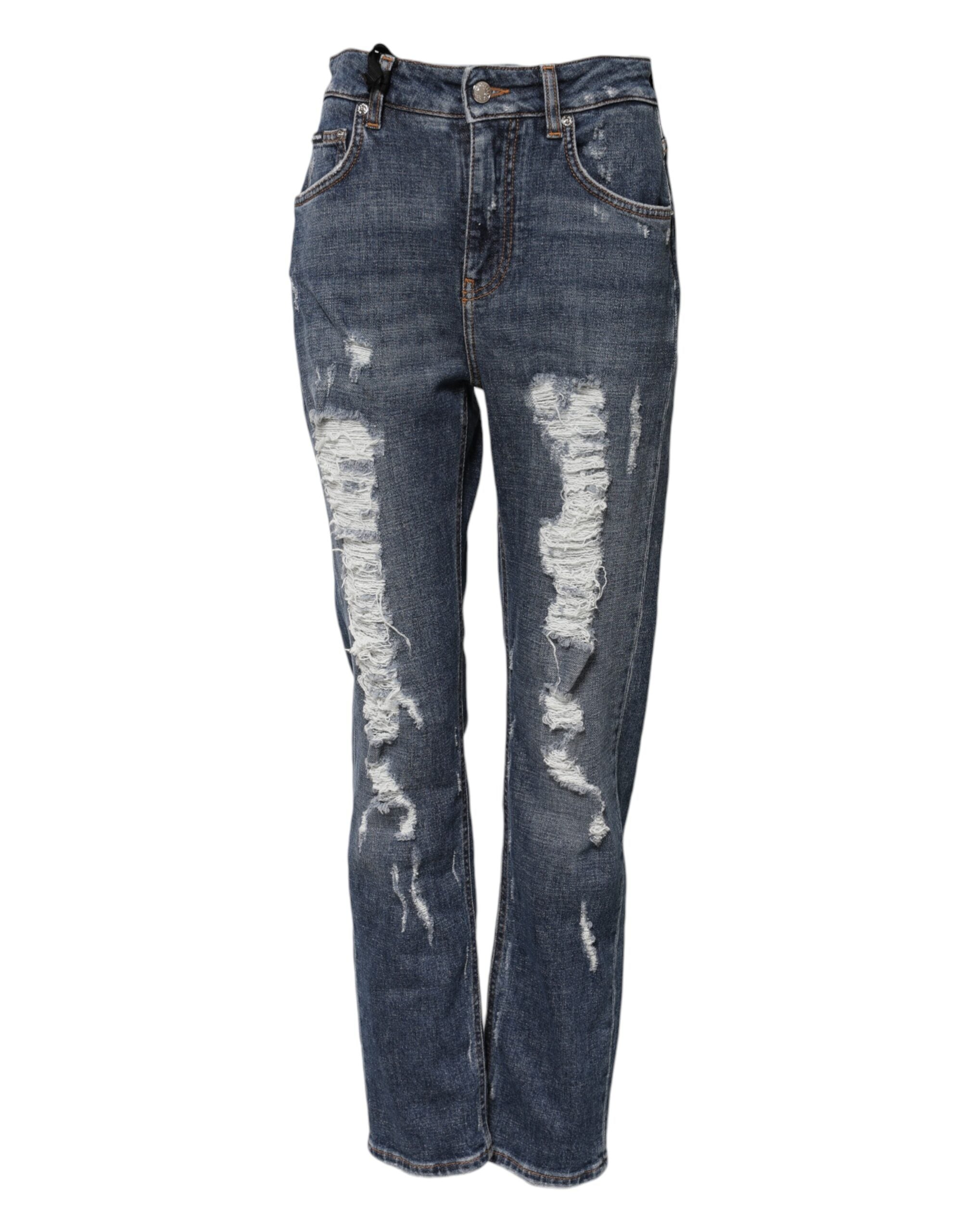 Dolce &amp; Gabbana Blue Cotton Boyfriend Tattered Denim Jeans 