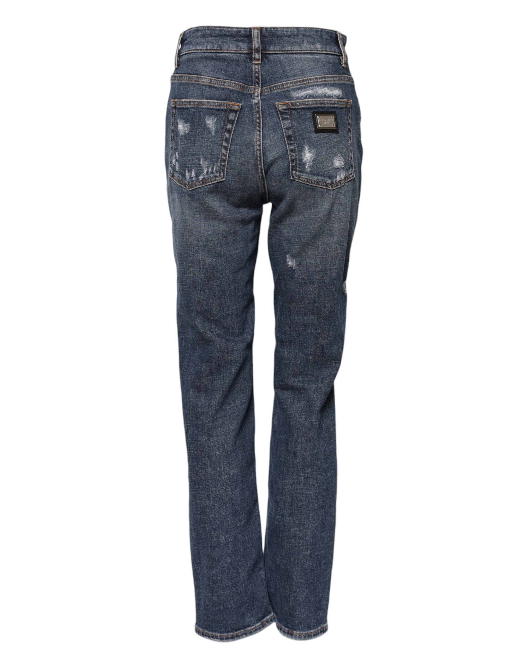 Dolce &amp; Gabbana Blue Cotton Boyfriend Tattered Denim Jeans 