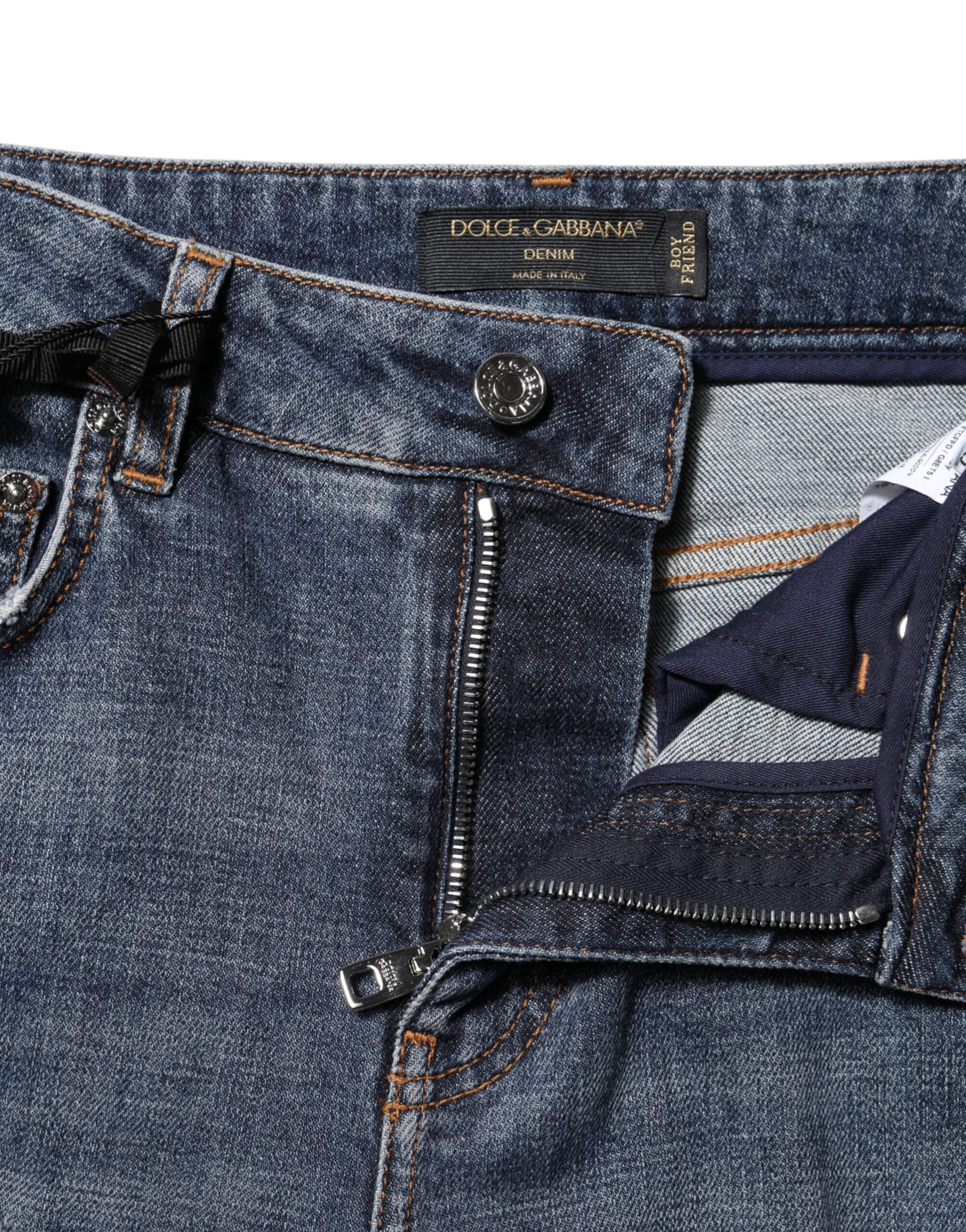 Dolce &amp; Gabbana Blue Cotton Boyfriend Tattered Denim Jeans 