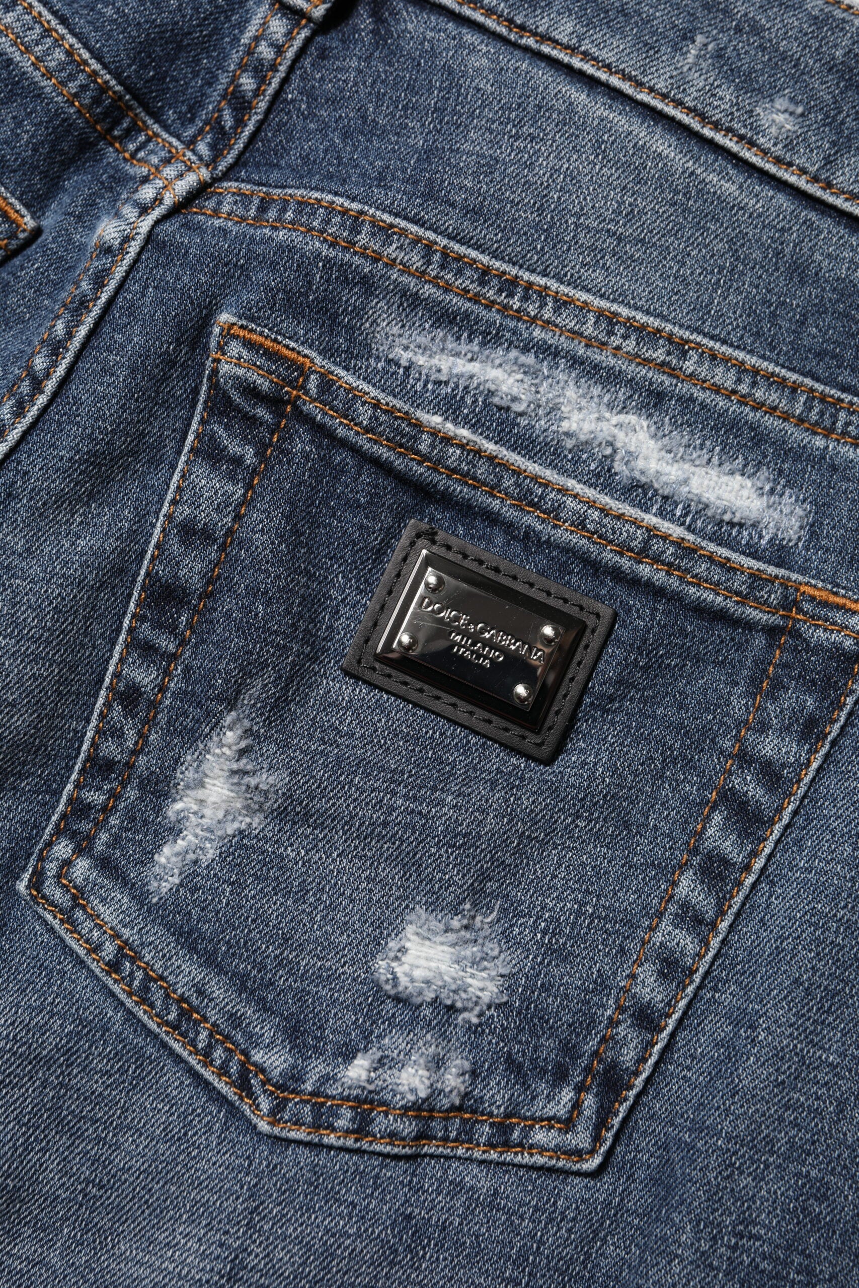 Dolce &amp; Gabbana Blue Cotton Boyfriend Tattered Denim Jeans 