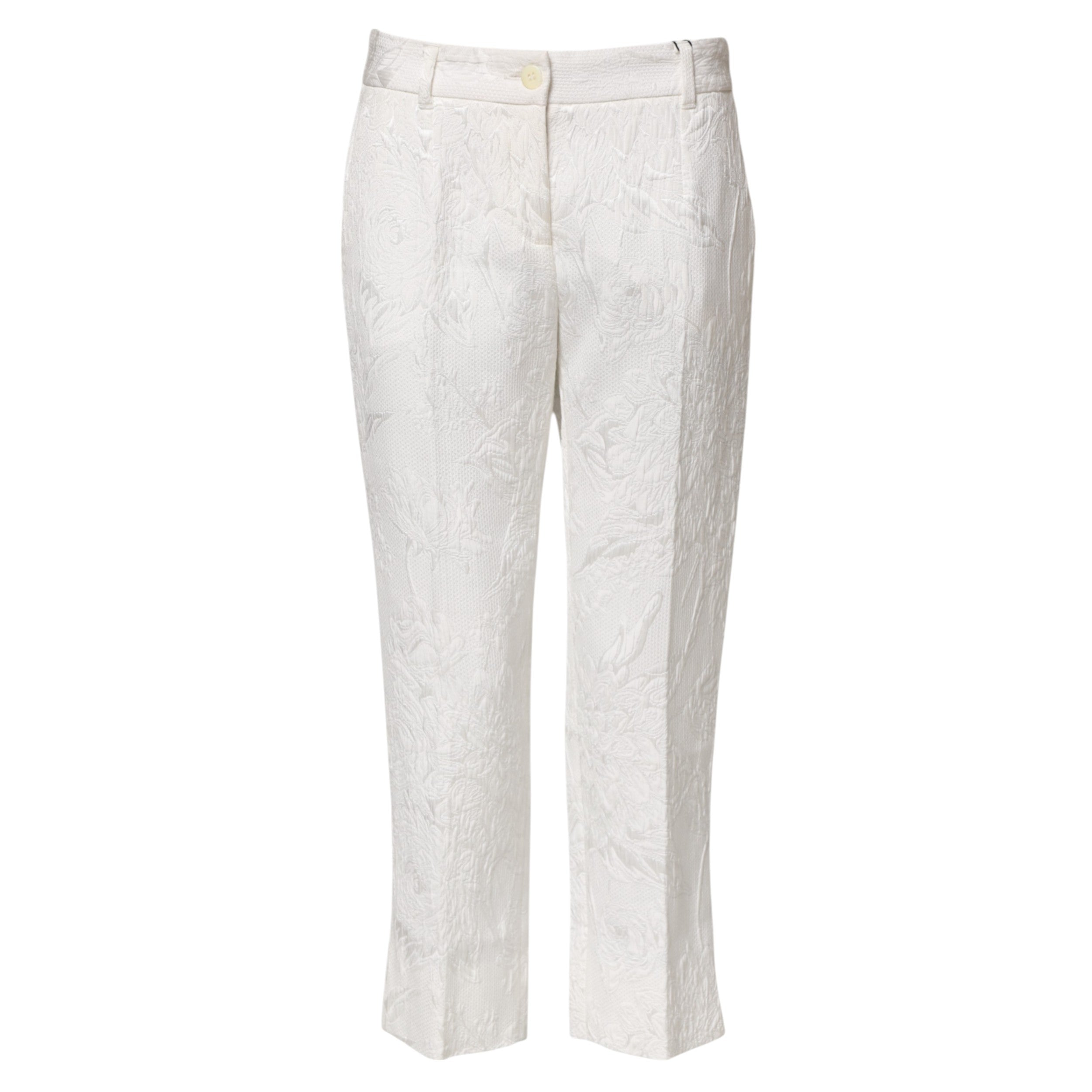 Dolce &amp; Gabbana White Cotton Floral Jacquard Pants 