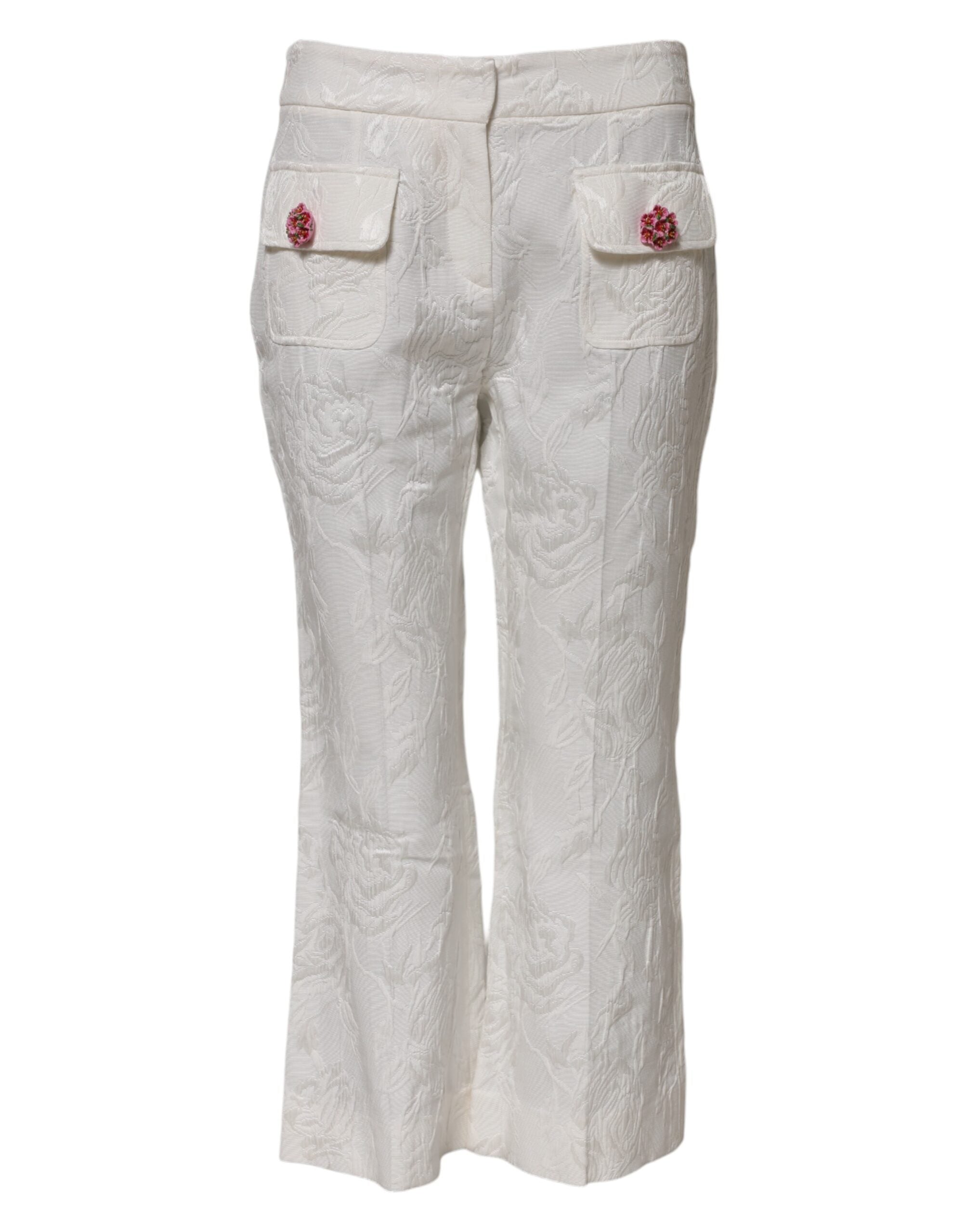 Dolce &amp; Gabbana White Cotton Floral Jacquard Pants 