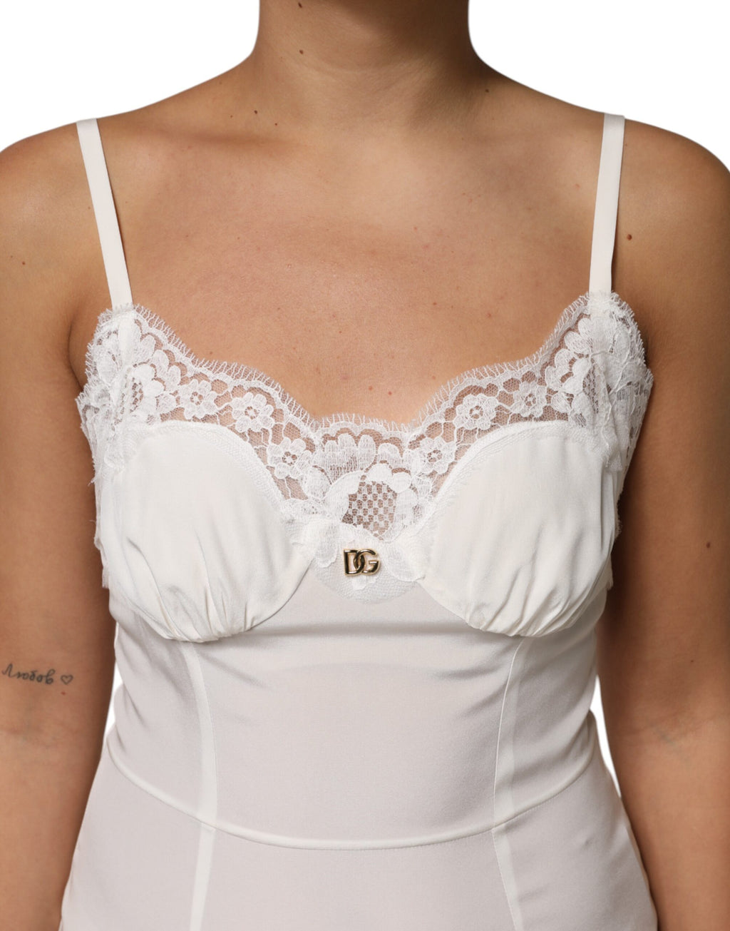 Dolce &amp; Gabbana White Lace DG Logo Silk Dress Sleepwear