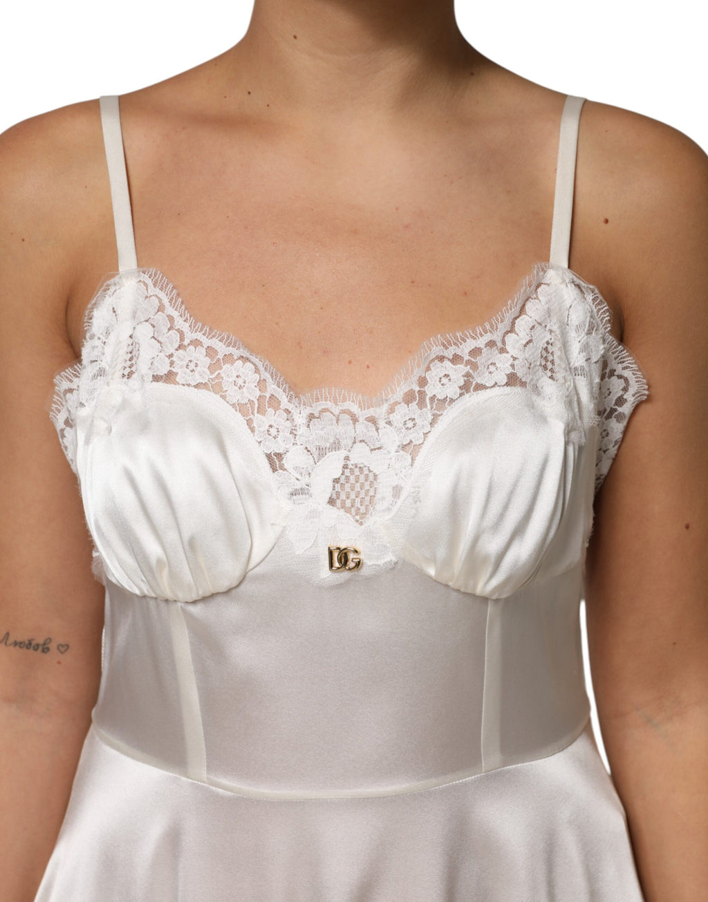 Dolce &amp; Gabbana White Lace DG Logo Silk Dress Sleepwear