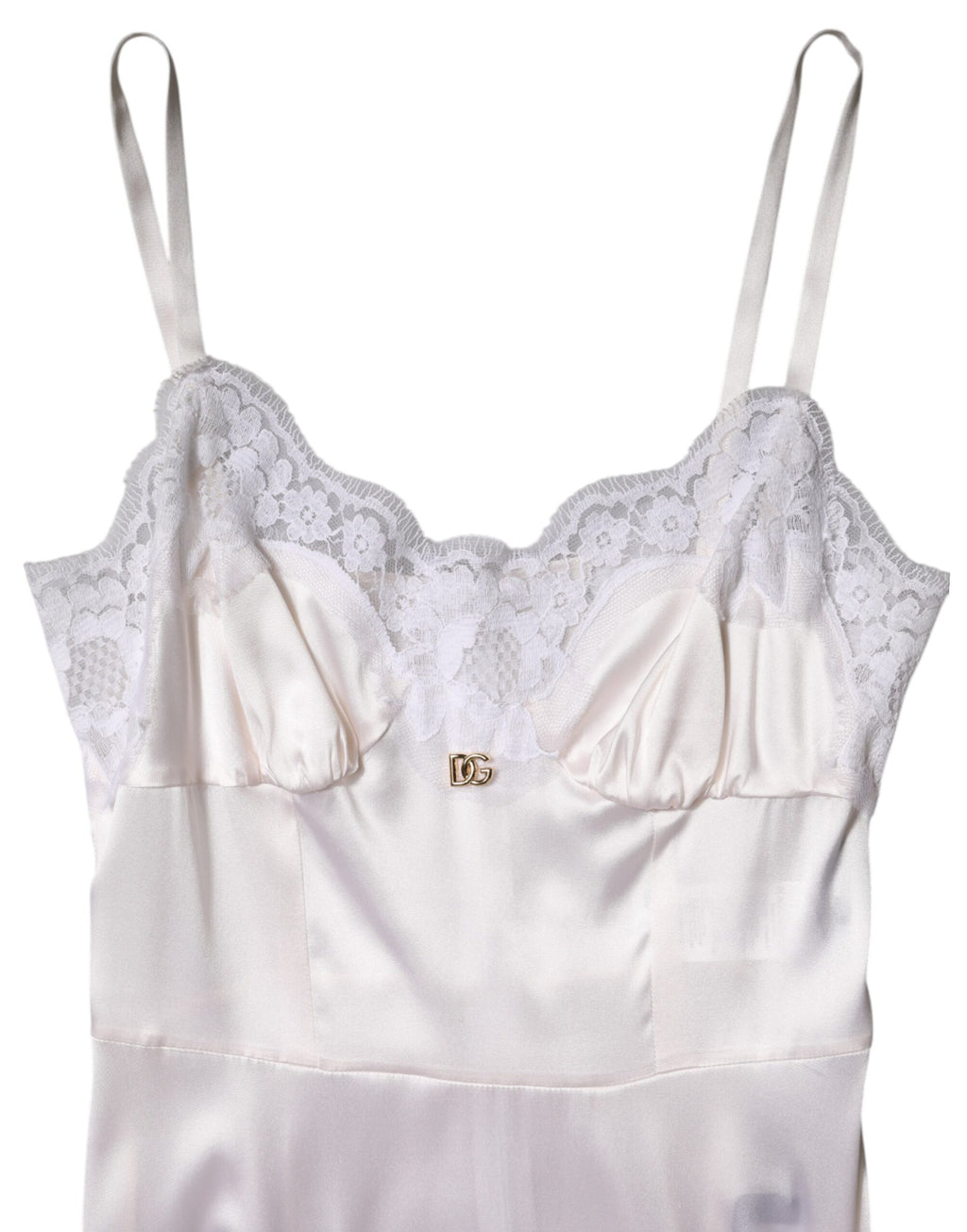 Dolce &amp; Gabbana White Lace Gold DG Logo Silk Dress Sleepwear